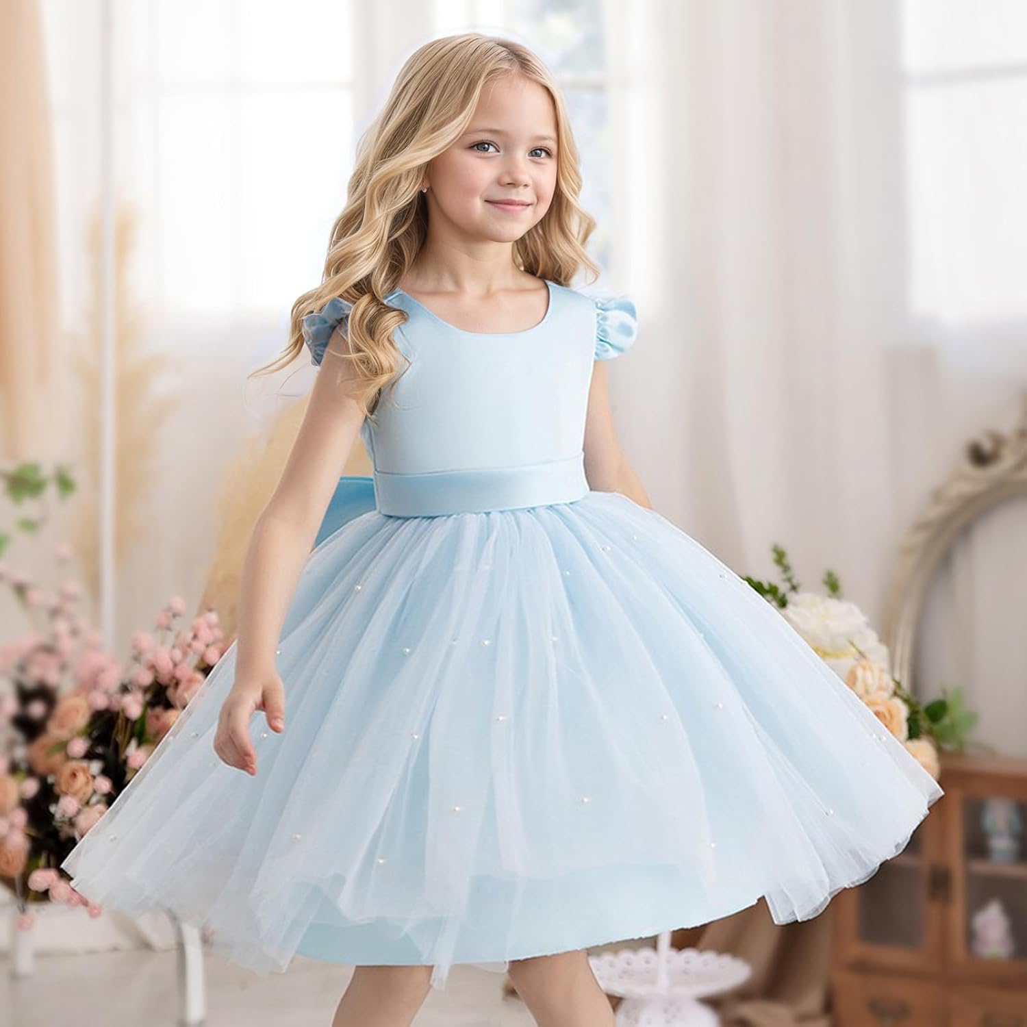 Thumbnail 1 de Robe de demoiselle d’honneur JiAmy sans manches en tulle (col en V, nœud papillon) pour filles 4 à 7 ans