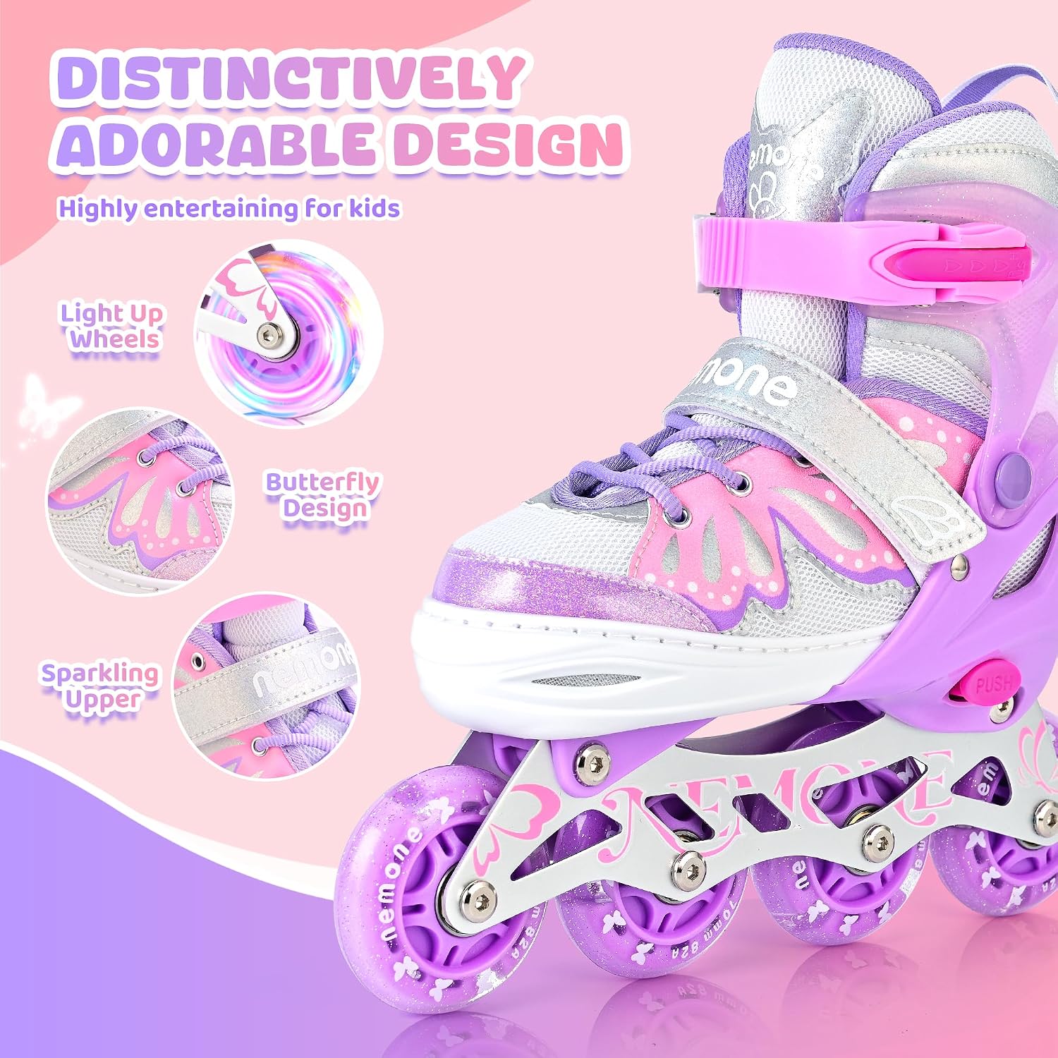 Detalle de NEMONE Girls Adjustable Inline Skates with Light-Up Wheels for Kids