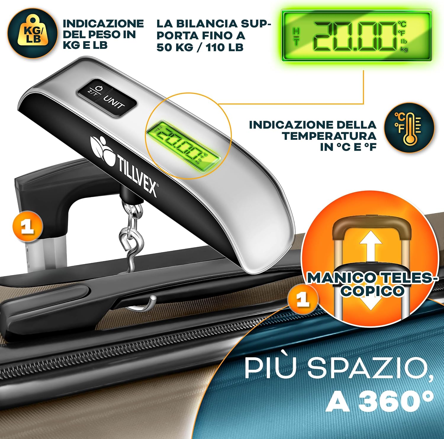 Detalle 2 de tillvex Set di 3 valigie da viaggio con bilancia, cinture e etichette | Trolley TSA in ABS dorato