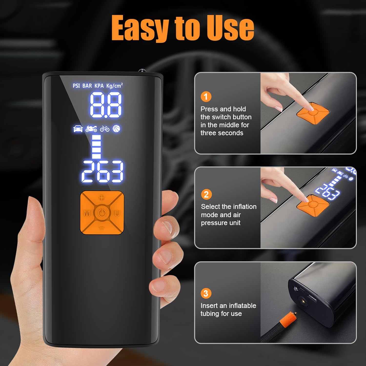 Thumbnail 6 de Tyre Inflator Portable Air Compressor with 20000mAh Battery and 150PSI – Cordless Car, Motorcycle, Bike and Ball Pump (Raven Black)