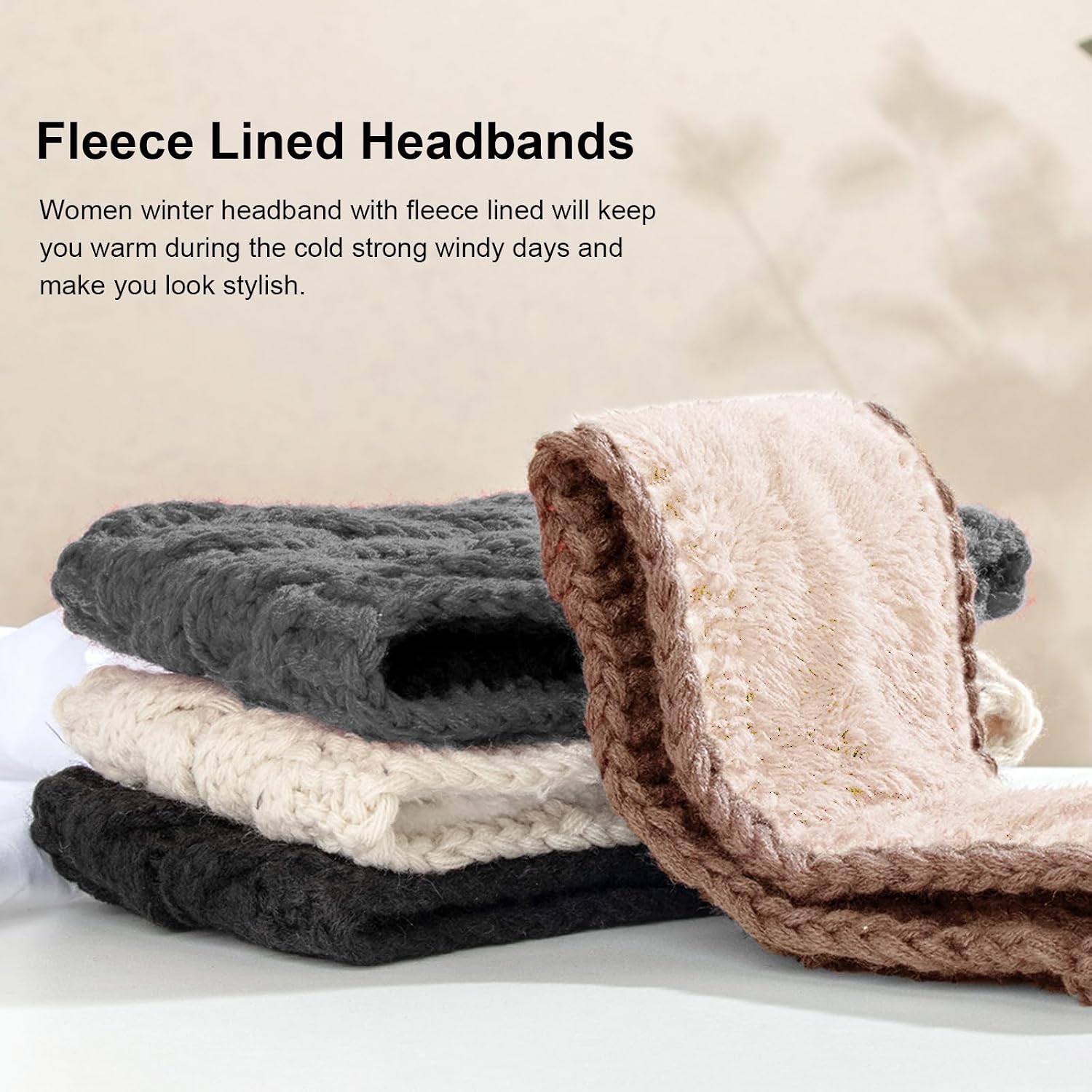 Detalle de DRESHOW Damen Warm Gestricktes Stirnband mit Fleecefutter – elastischer Ohrenwärmer, doppellagig