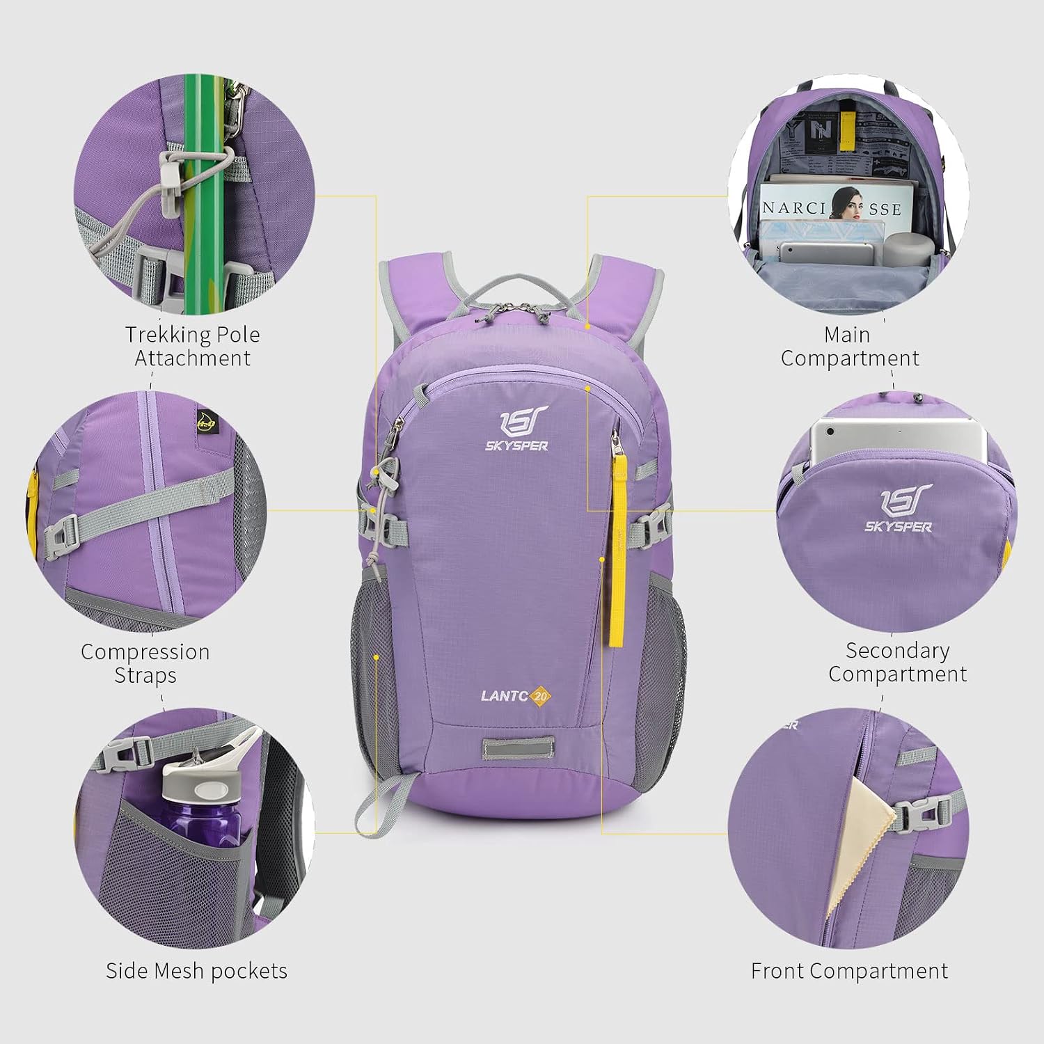 Detalle de SKYSPER 20L Small Hiking Backpack (Purple) – Lightweight Daypack for Trekking