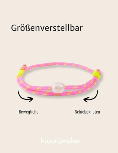 Thumbnail 3 de happymaker Segeltau Armband Damen – Rosa mit echter Süßwasserperle, zwei neon-gelbe Schiebeknoten, größenverstellbar