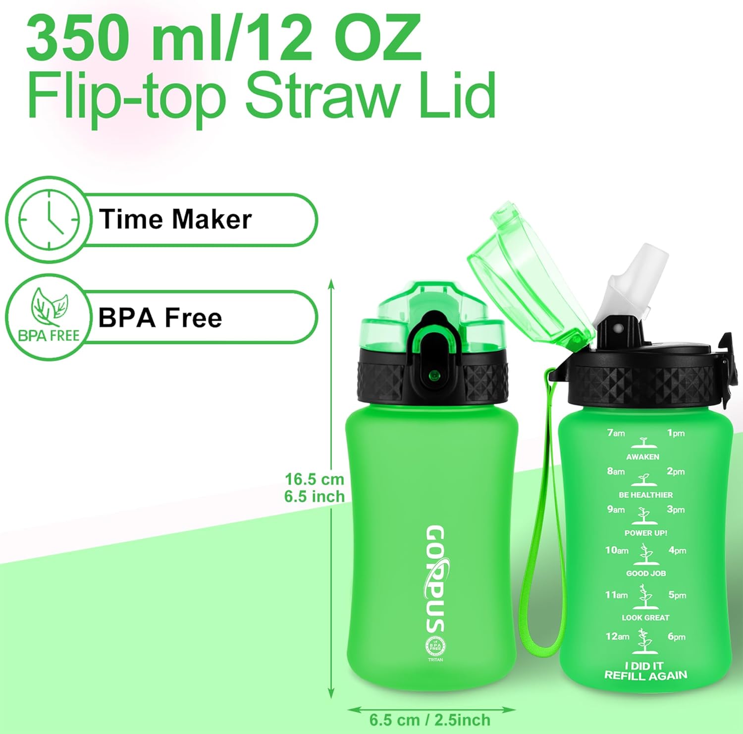 Thumbnail 4 de GOPPUS 350ml/12oz kids water bottle with straw, flip-top lid and strap (leakproof, BPA-free, grass green)