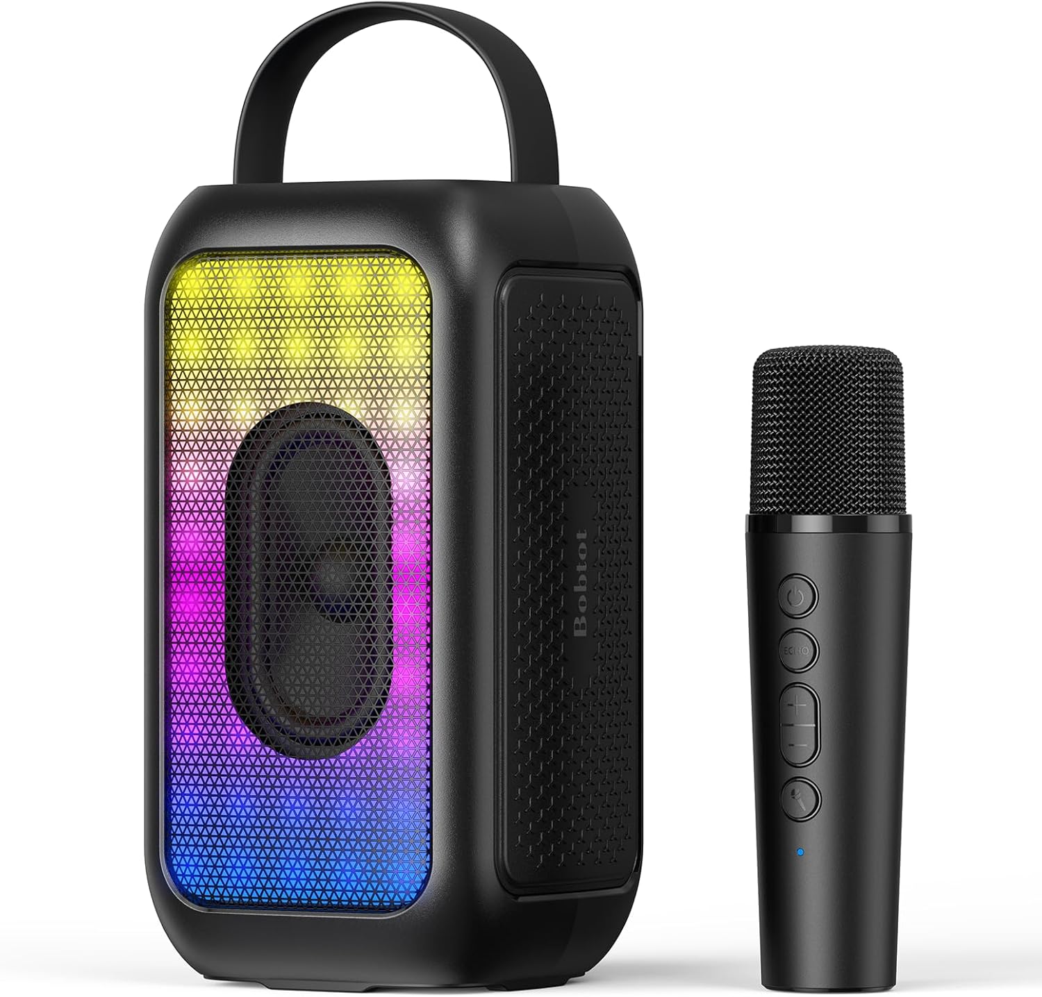 Detalle de Bobtot Tragbarer Bluetooth-Lautsprecher mit Mikrofon, 16 Std. Akku, RGB-Effekt, Echo- und EQ-Modus – Schwarz