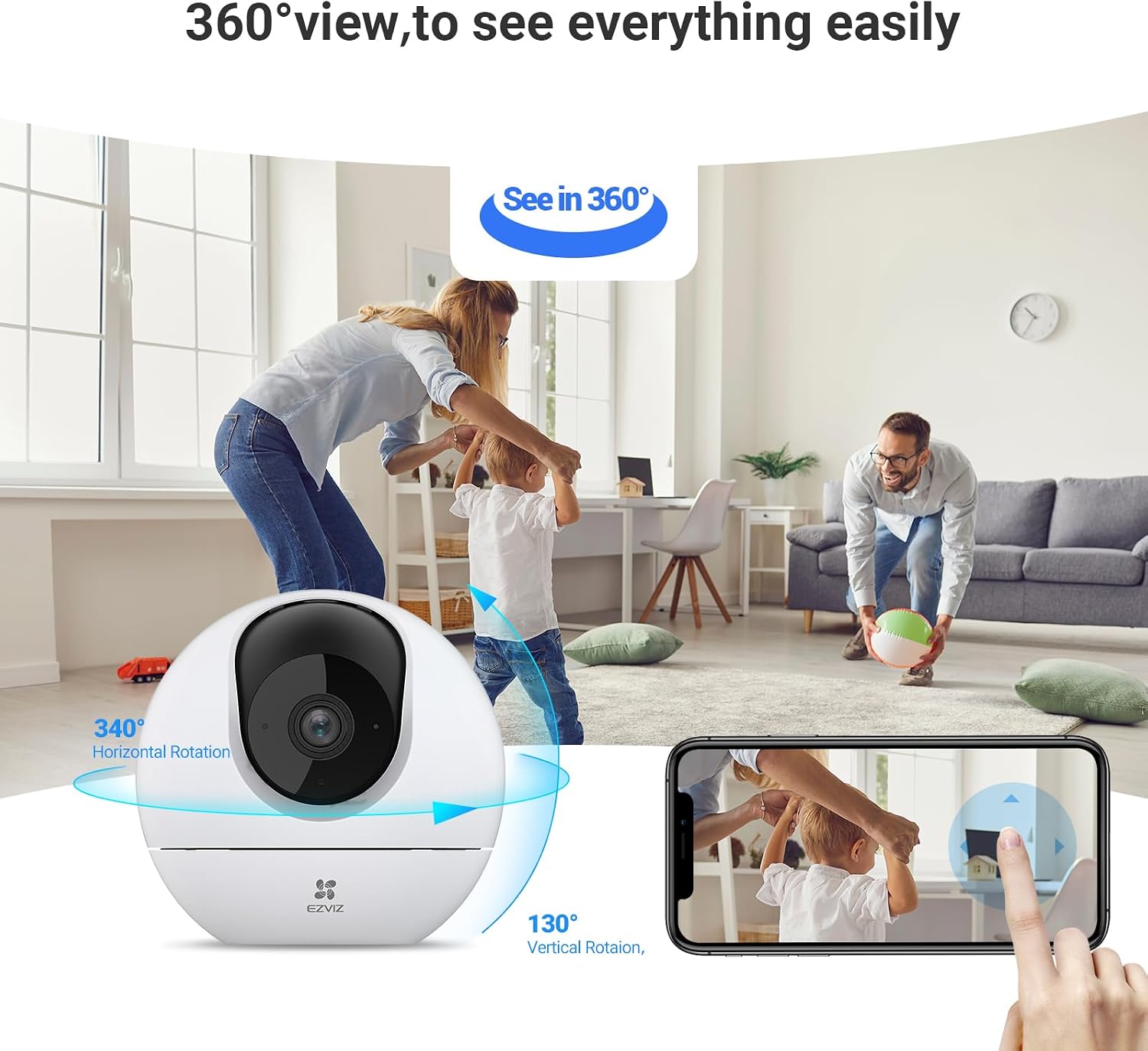 Thumbnail 1 de EZVIZ 2K Indoor WiFi Camera (C6c) with 512GB Support, Starlight Colour Night Vision, 360° Coverage, Auto Tracking and Google Control