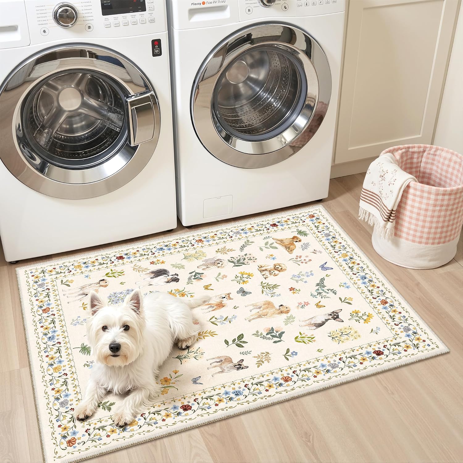 Thumbnail 3 de Soalmost 2' x 3' Beige Dog Rug, Washable Low-Pile Floral Area Rug