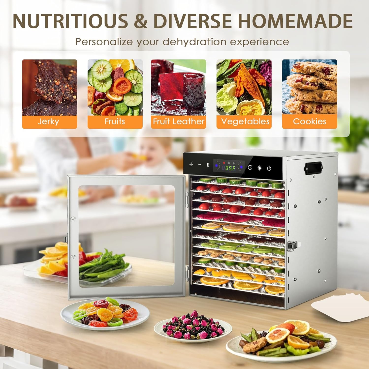 Thumbnail 6 de HOPERAN 12-Tray Food Dehydrator: Stainless Steel, Digital Temp & Time, BPA-Free
