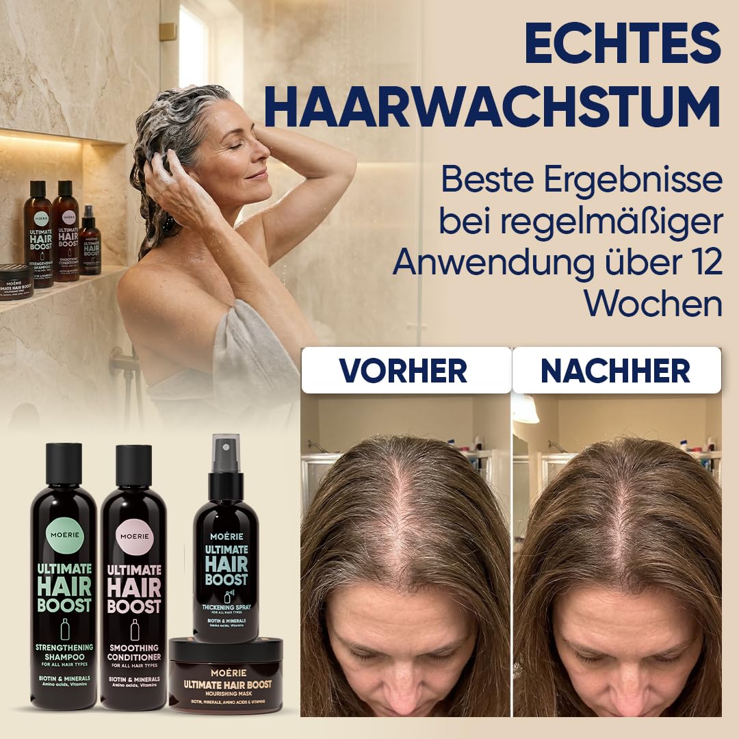 Detalle de Moerie Shampoo Set gegen Haarausfall (Conditioner, Haarwachstums-Serum & Haarmaske, veganes 8er-Set mit 77 Mineralien)