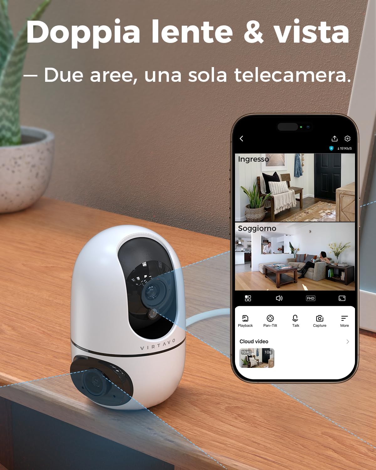 Detalle 2 de VIRTAVO XD1: Telecamera WiFi interno a doppio obiettivo per sorveglianza domestica 360°