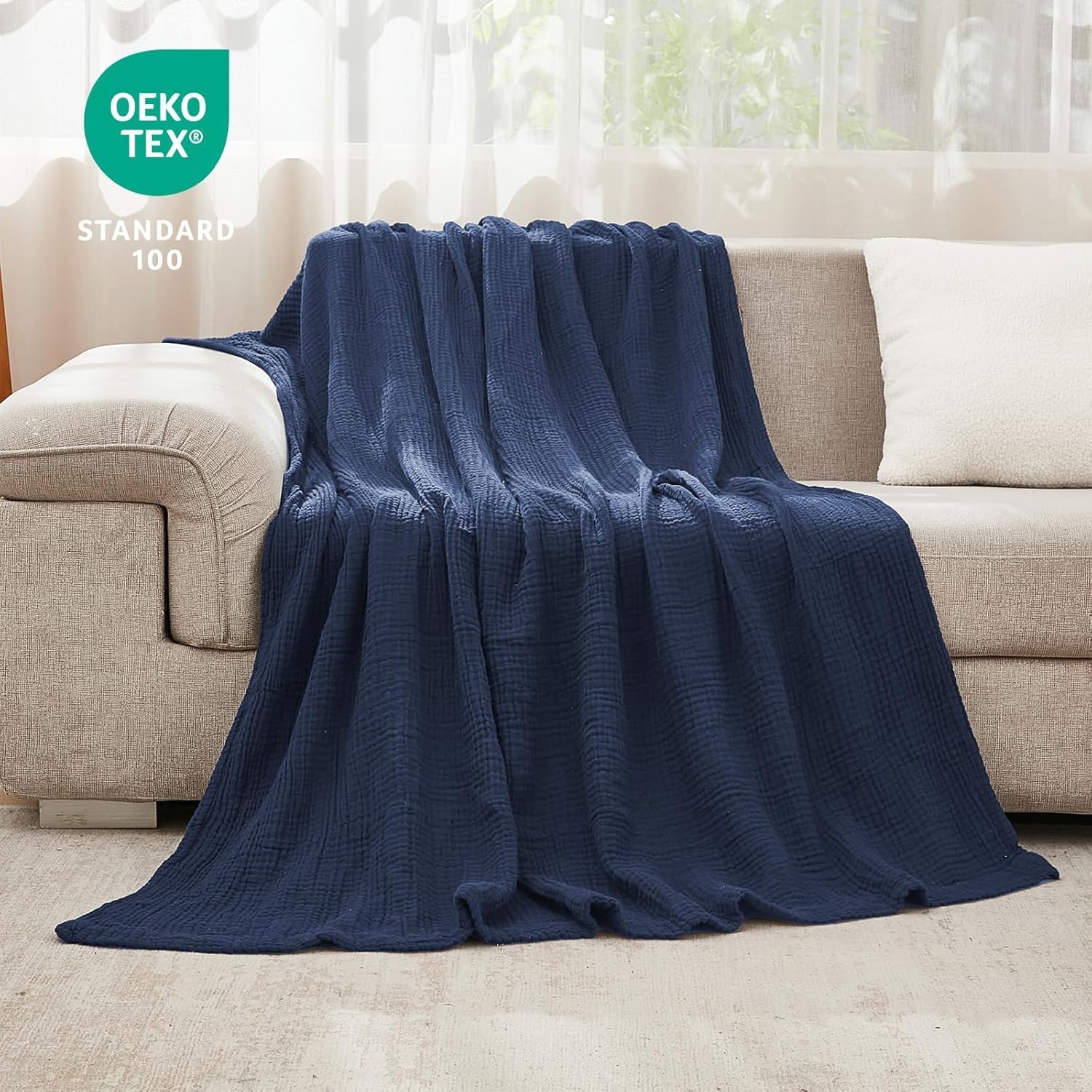 Thumbnail 3 de EMME Cotton Blanket Queen Size (90" x 90"), Navy — Soft, Breathable Muslin Blanket for All Seasons