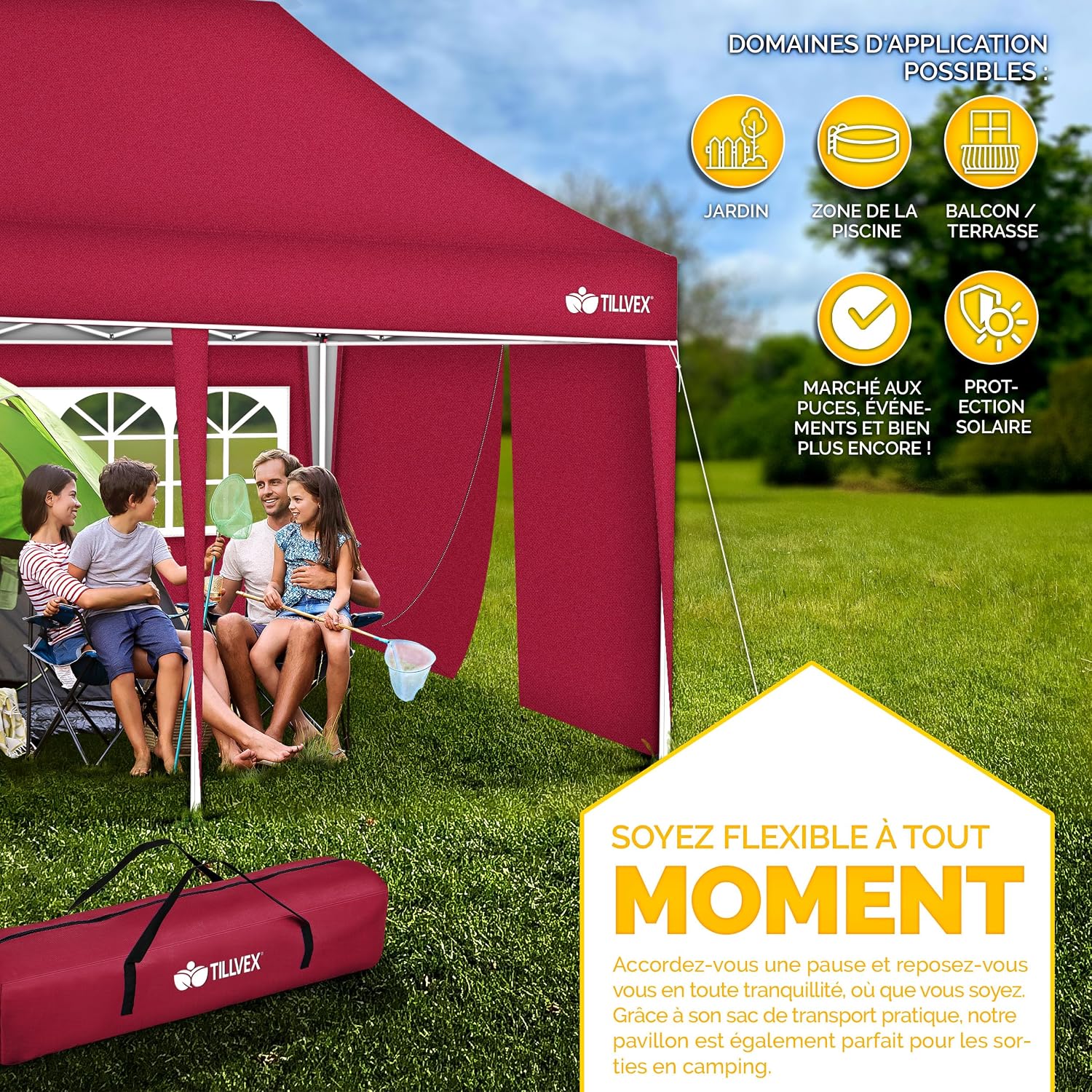 Thumbnail 6 de Tonnelle de jardin pop-up tillvex 3 x 6 m rouge, protection UV 50+ réglable en hauteur