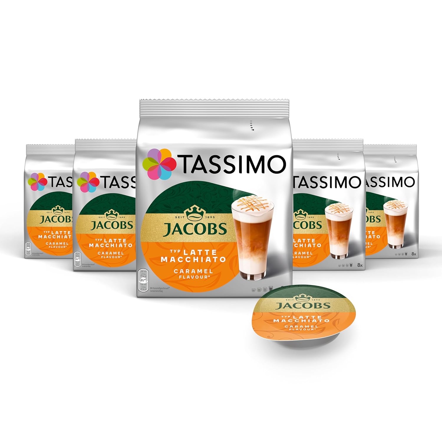 Detalle de Jacobs Latte Macchiato Caramel Tassimo Kapseln – 40 Kaffeekapseln in 5 Packungen