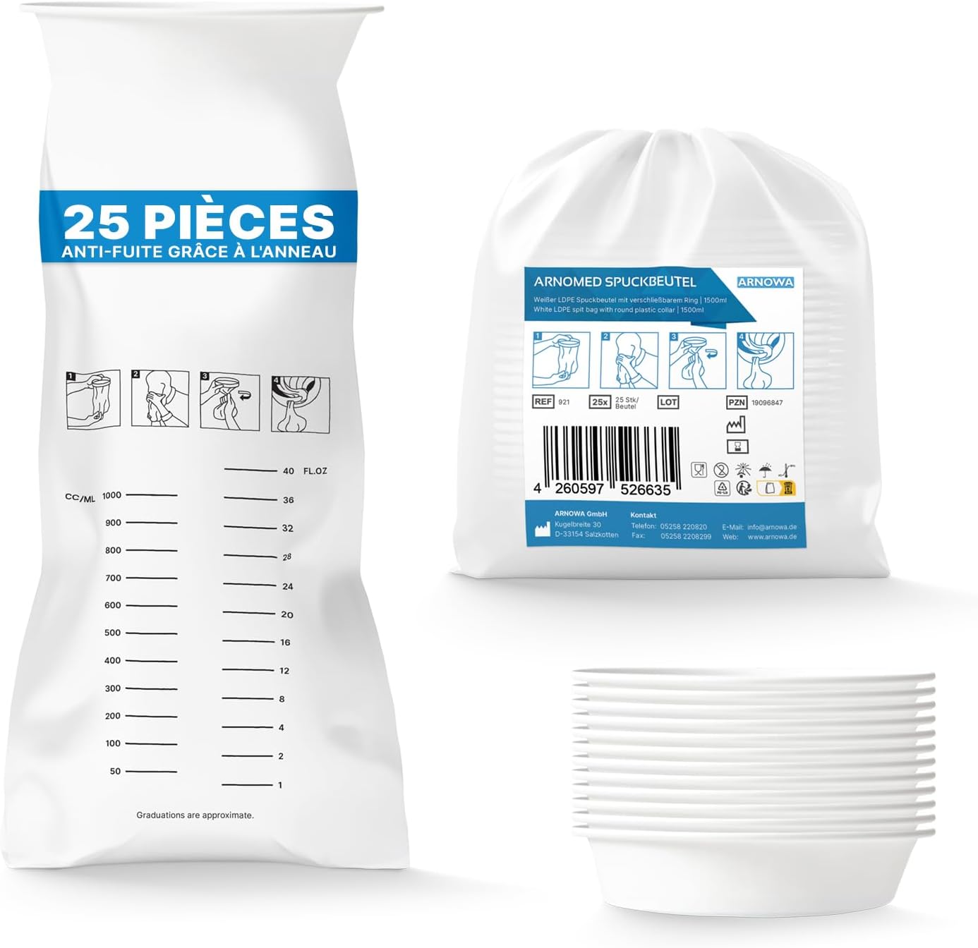 Detalle de Lot de 25 sacs à vomir ARNOMED 2000 ml avec anneau (LDPE étanches)