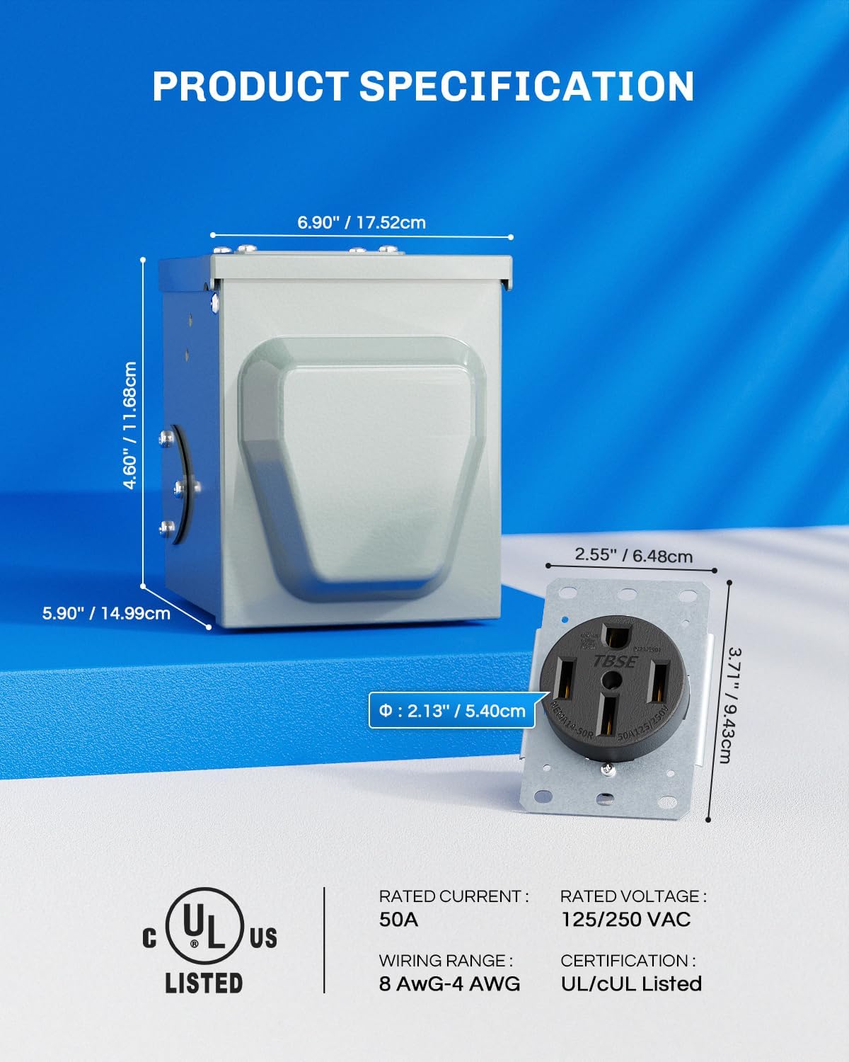 Detalle 2 de BEBOBLY BB2073 50 Amp RV Outlet Box, NEMA 14-50R, Lockable Metal Enclosure
