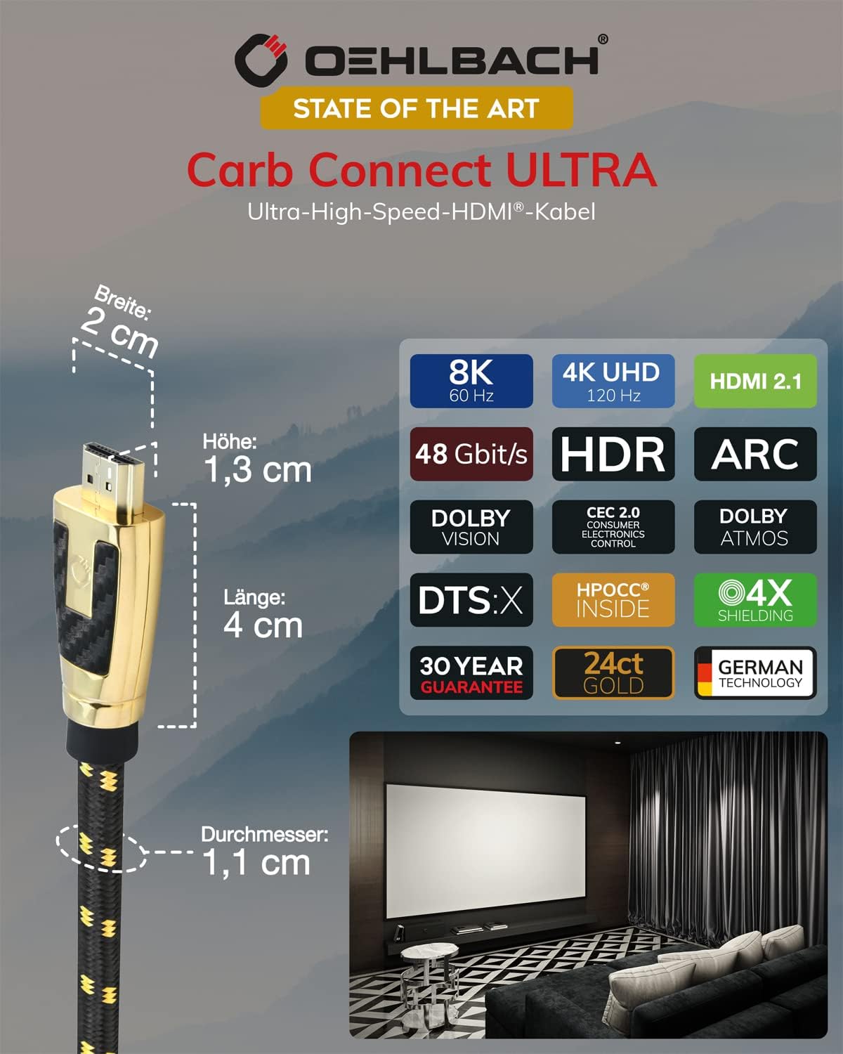 Detalle 2 de Oehlbach Carb Connect Ultra High Speed HDMI 2.1 Kabel (48 Gbps) – 8K/60Hz & 4K/120Hz, 7,5 m