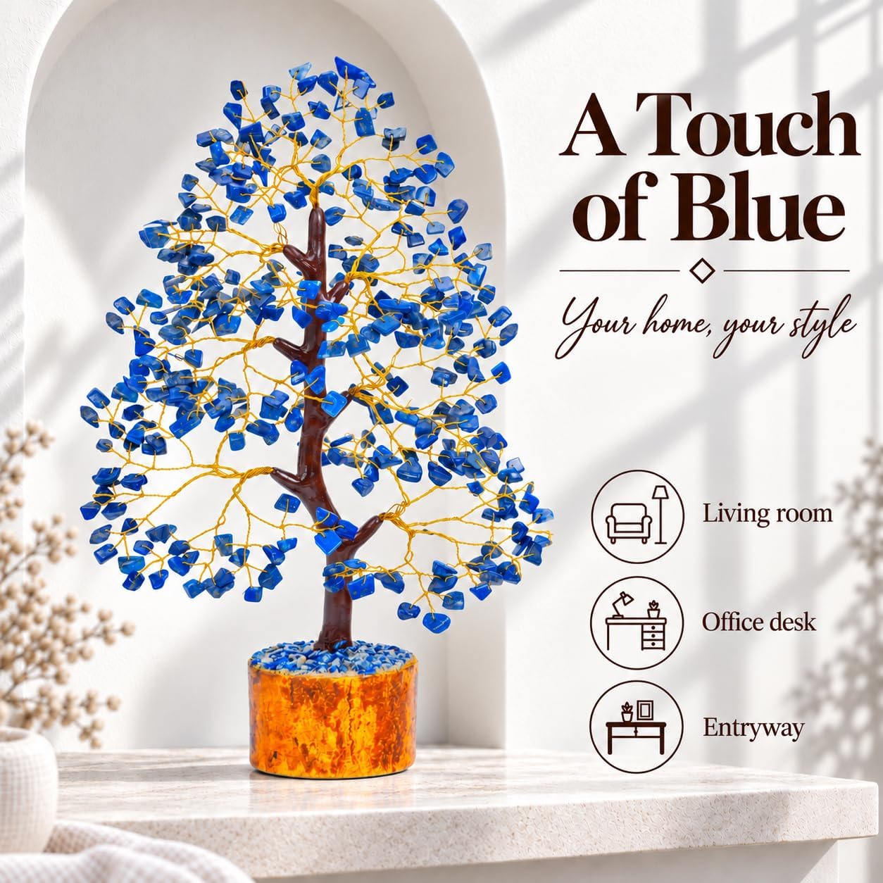 Detalle de Crocon Artificial Tree lapis lazuli edelsteenboom, zilverkleurige bonsai