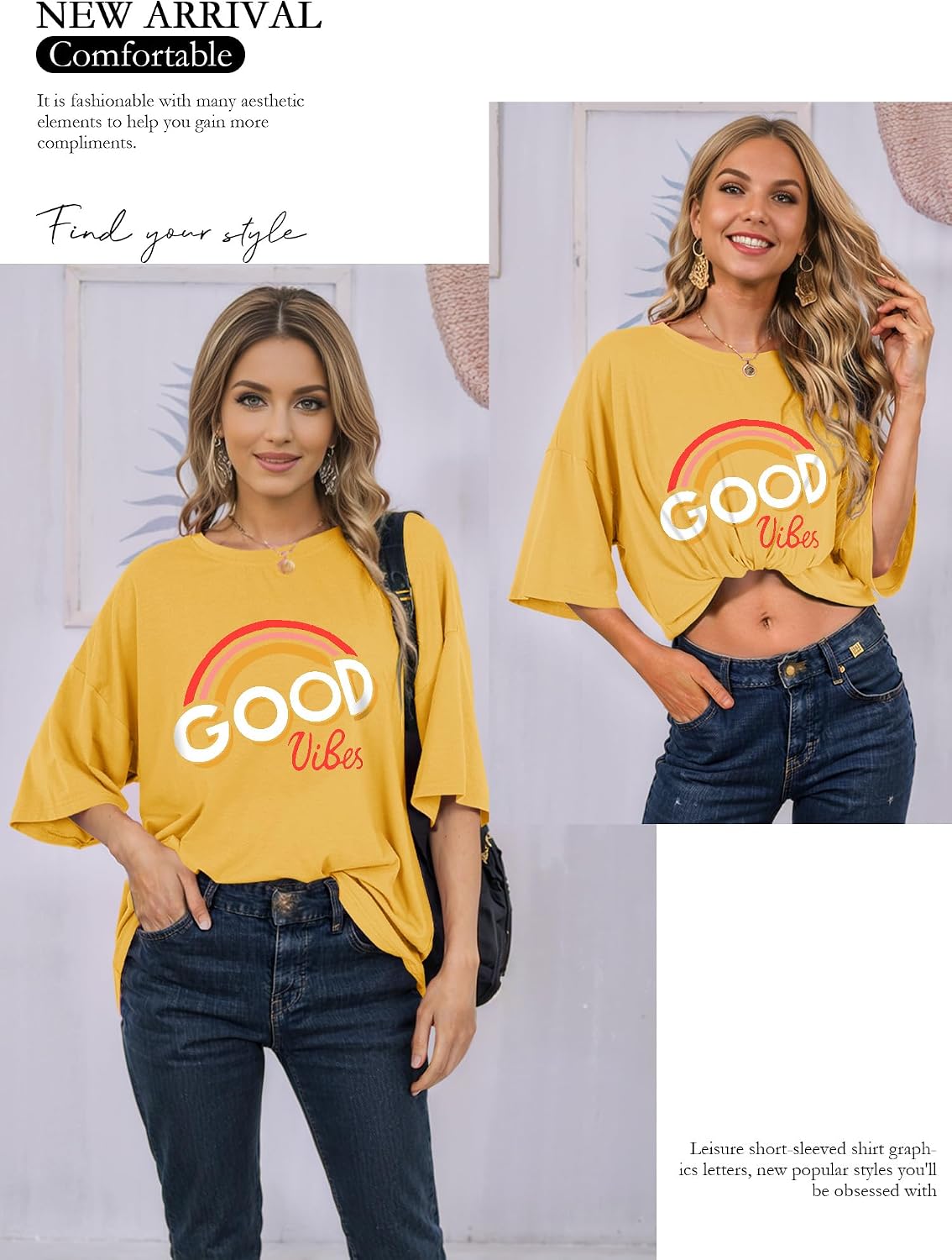 Thumbnail 2 de WIEIYM Oversized T Shirts for Women – Rainbow Good Vibes Graphic Tee