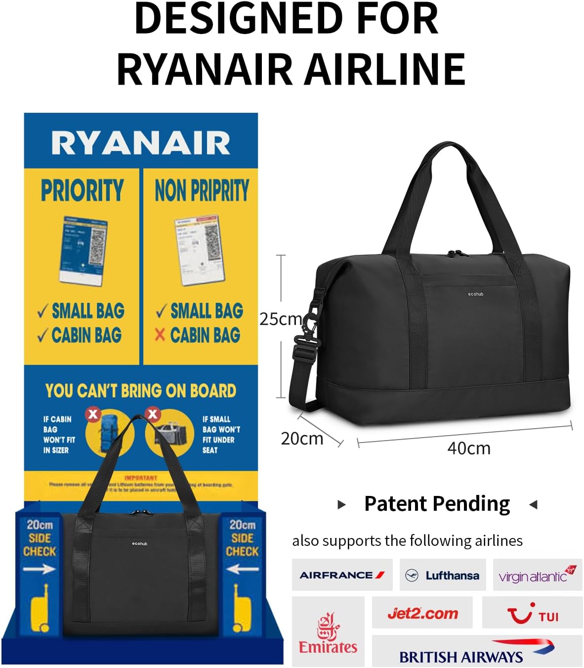 Thumbnail 1 de ECOHUB Ryanair Cabin Bag 40x30x20 (24L) with Removable Wet Pocket – Foldable underseat carry on, black