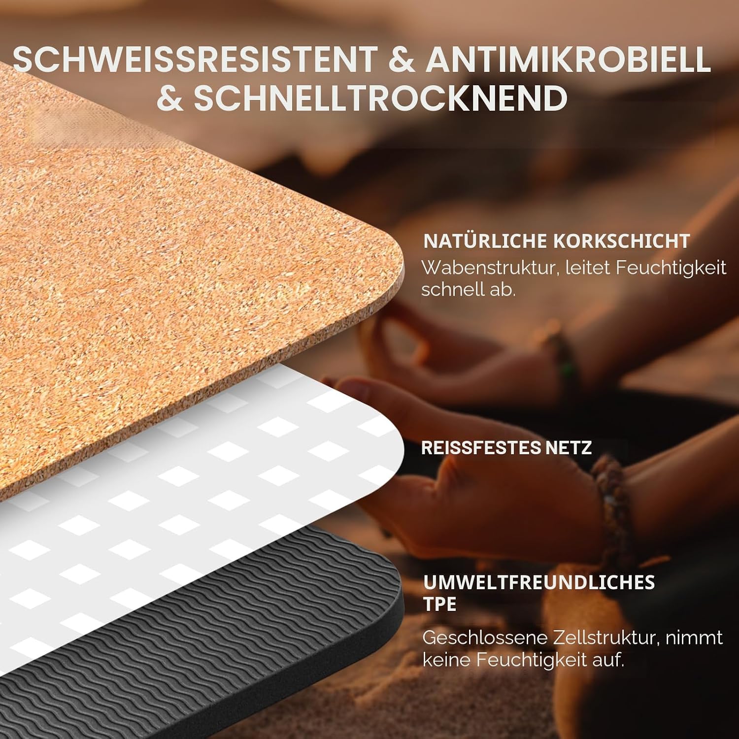 Detalle de Haninj Yogamatte-Kork – rutschfest, extradick und umweltbewusst mit Tragetasche