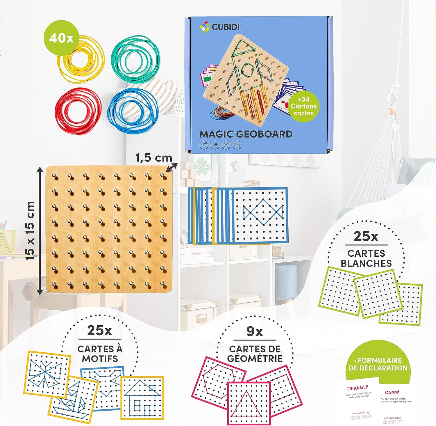 Detalle de CUBIDI Géoboard en Bois 8x8 avec 34 Cartes – Jeu Montessori sans écran