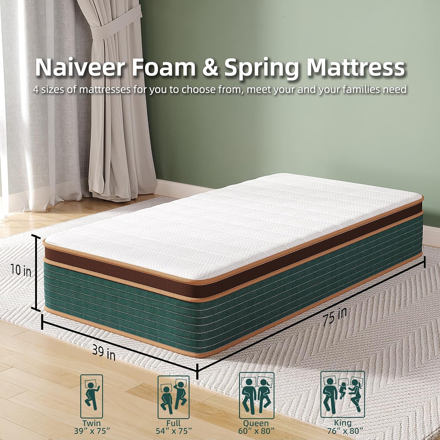 Detalle 2 de Naiveer Twin 10-Inch Hybrid Mattress with Memory Foam and Pocket Springs