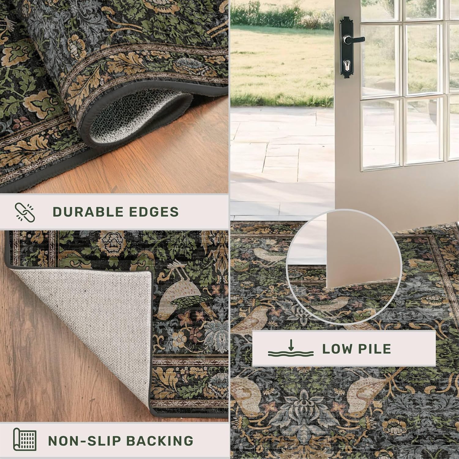 Thumbnail 4 de Vintage Green Rug for Extra Large Bedroom — 10x12, Washable, Non-Slip, Stain-Resistant Boho Floral Carpet
