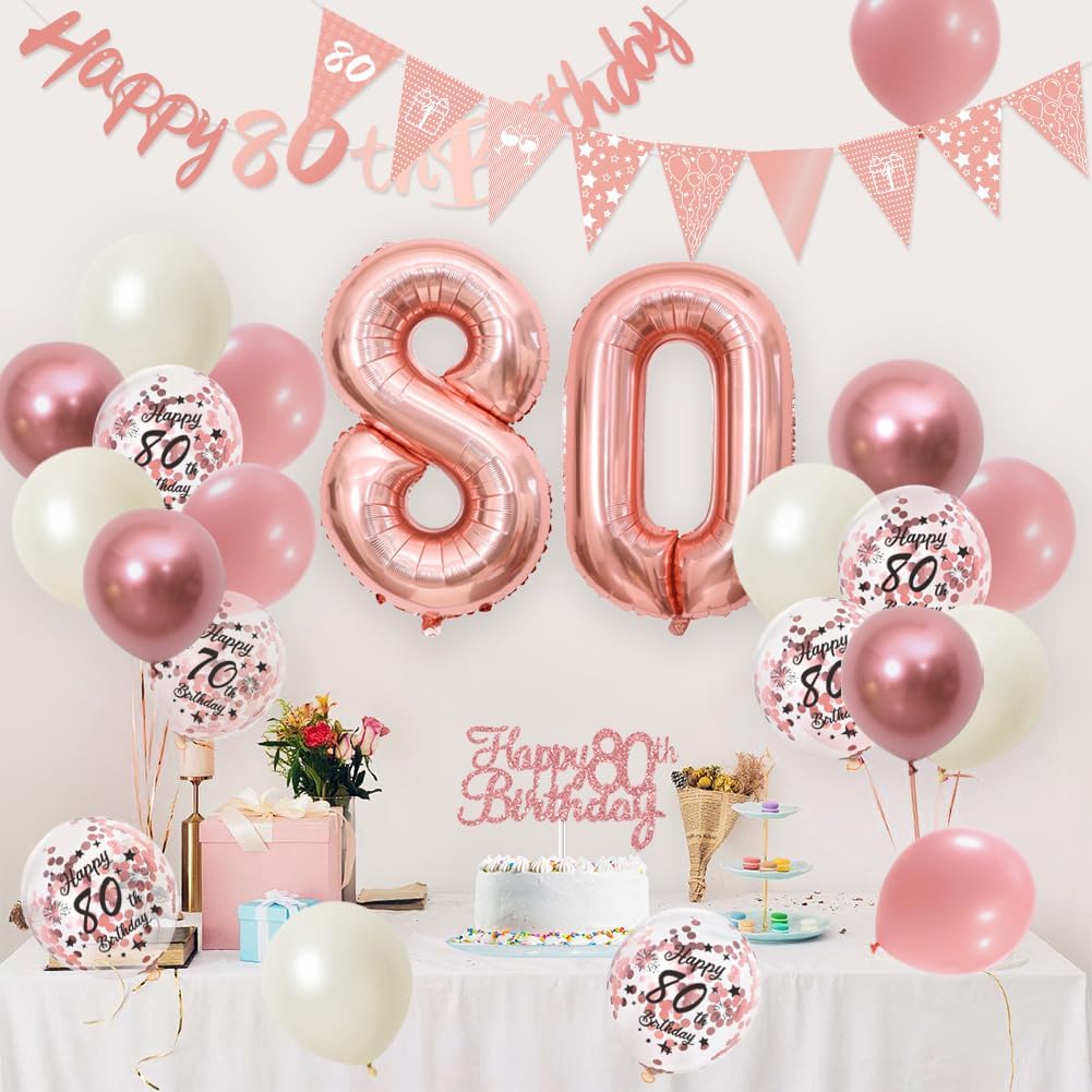 Thumbnail 4 de 80th Birthday Decorations Pink Rose Gold Set