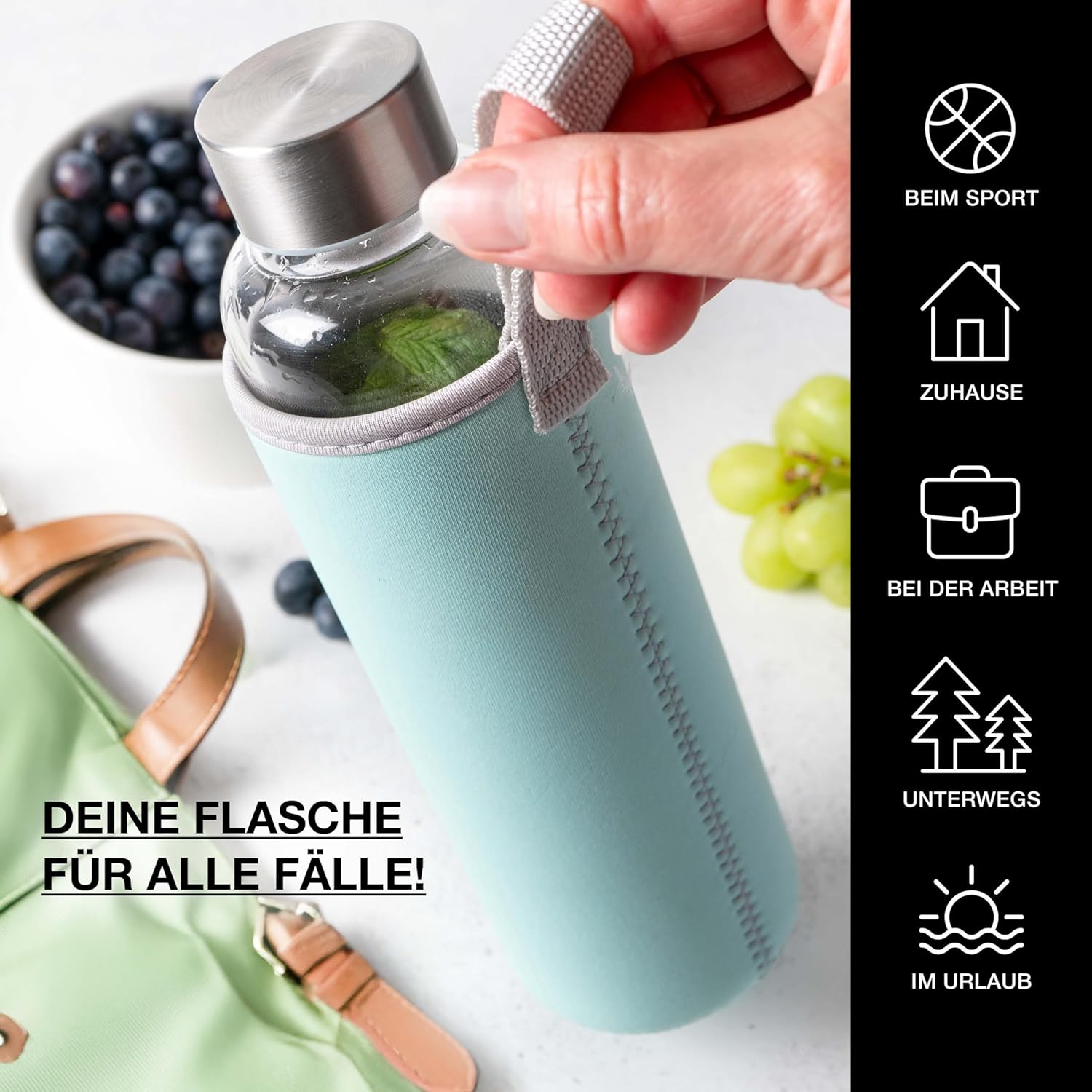 Thumbnail 5 de Moritz & Moritz Trinkflasche Glas 500ml – aus Borosilikatglas, auslaufsicher & mit Neoprenhülle