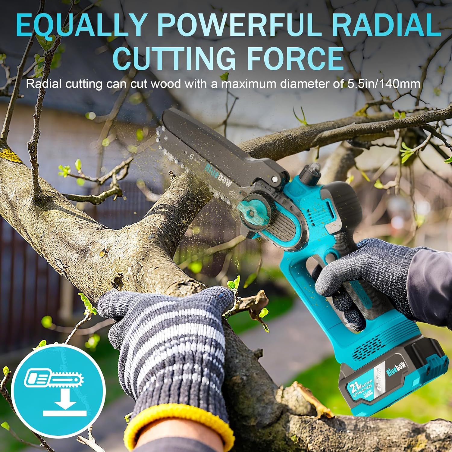 Thumbnail 5 de Brushless Mini Chainsaw Cordless 6 Inch with 2×4000mAh Batteries