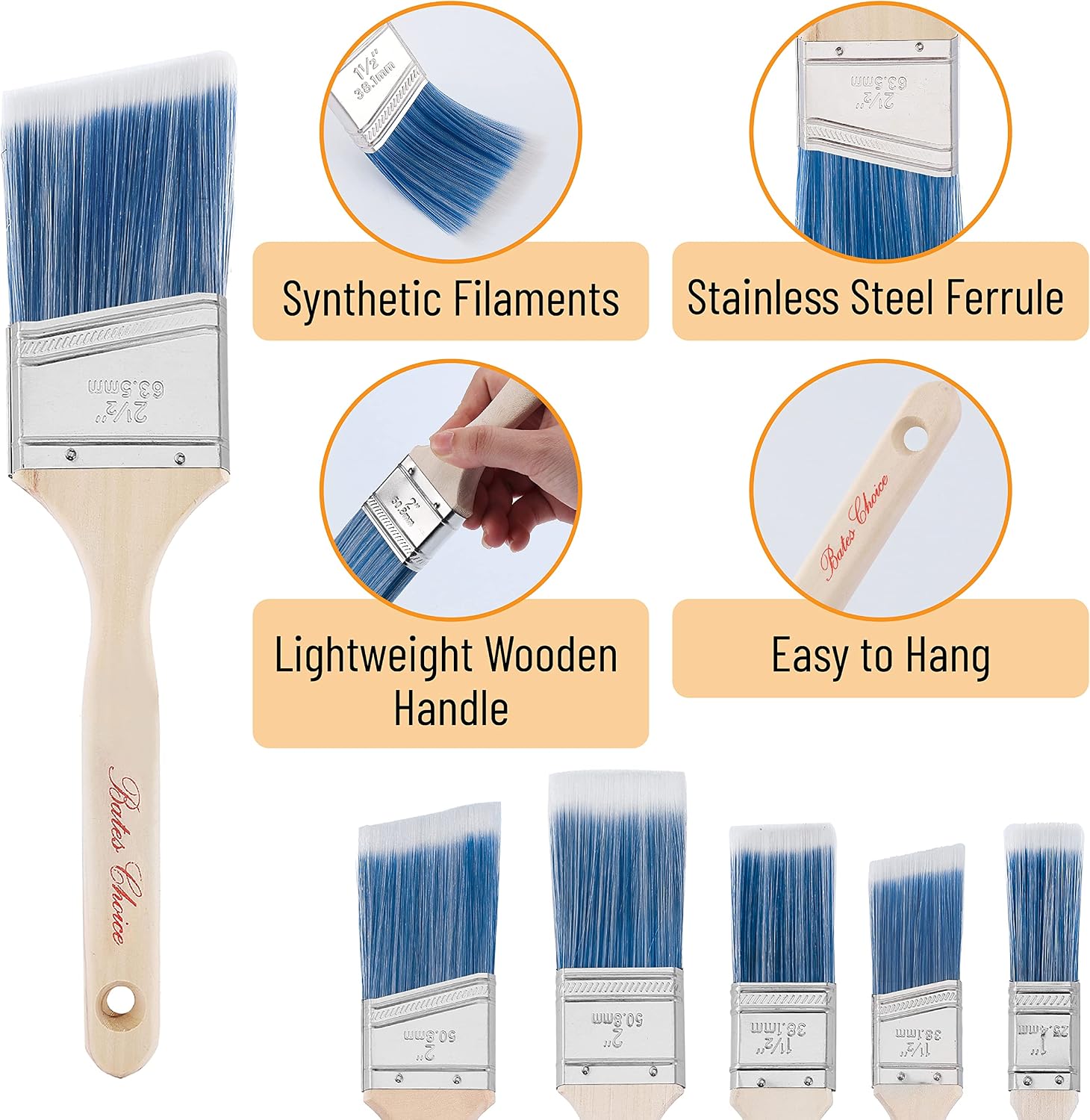 Detalle de Bates Choice ETGA006B307 Paint Brush Set, 6 Pieces, Flat and Angled