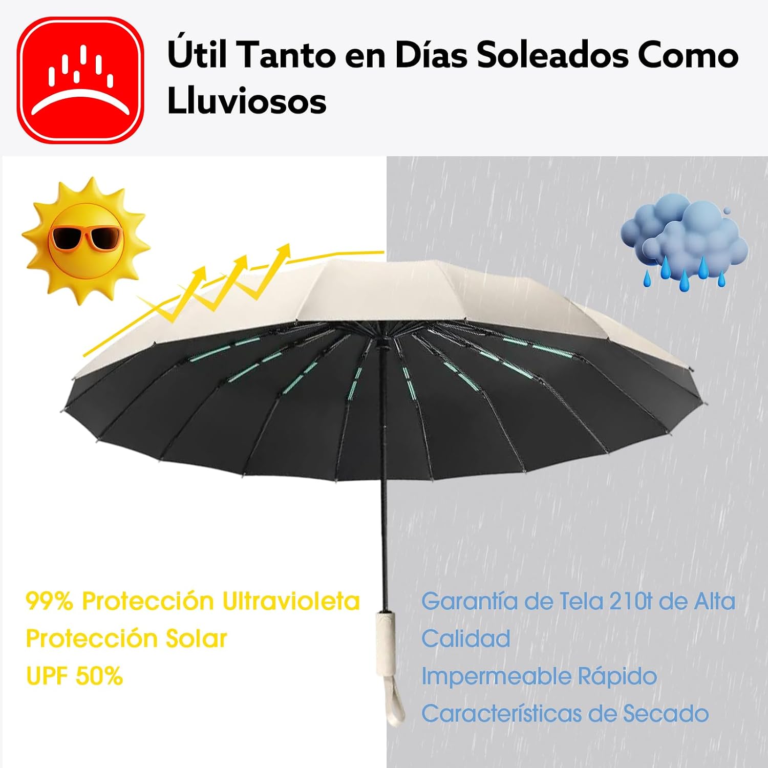 Thumbnail 3 de LENDOO Paraguas Compacto Glegable con 16 Varillas: anti- viento, apertura automática y protección UV