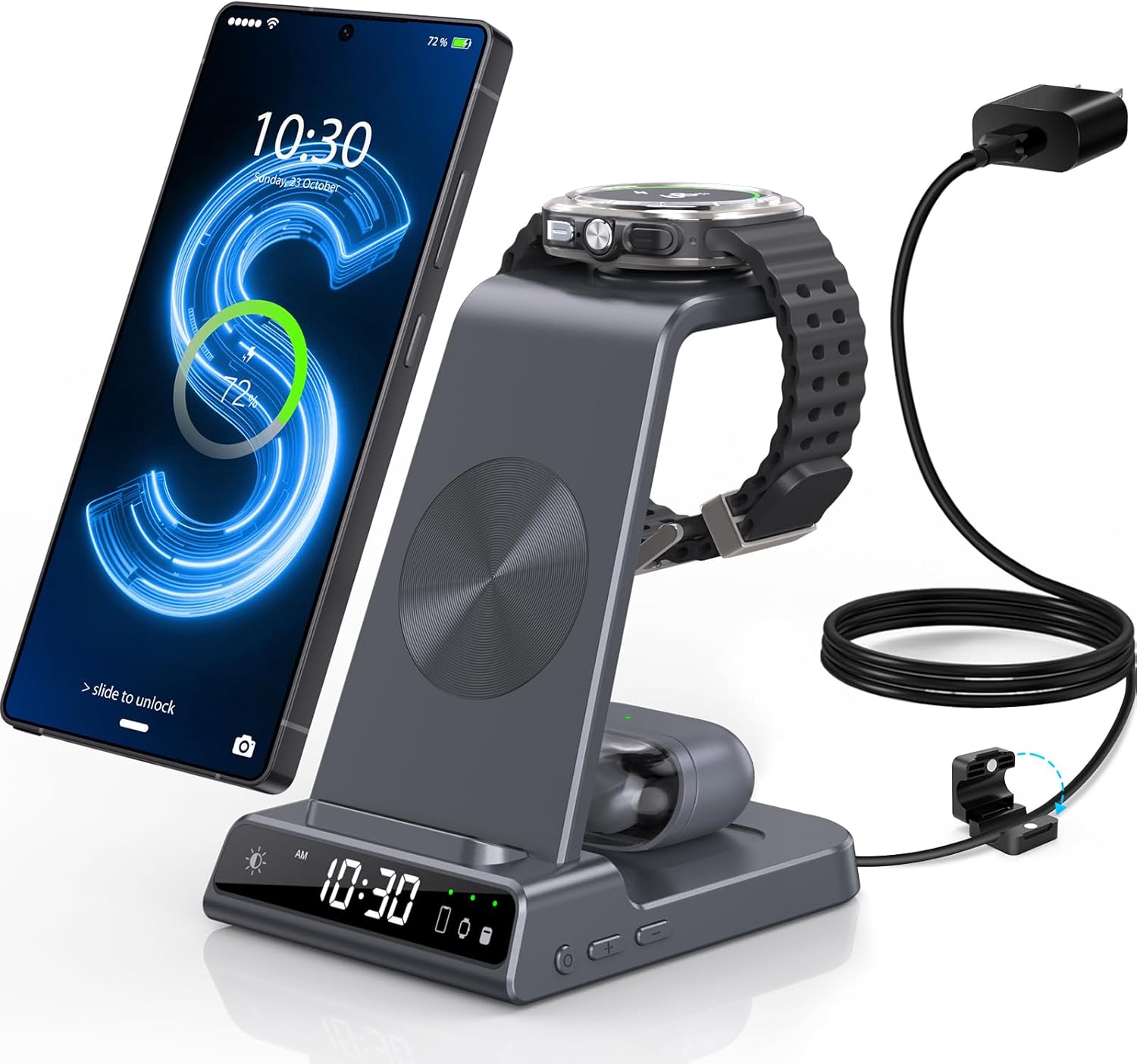 Detalle de Station de Charge Sans Fil 3 en 1 pour Samsung Galaxy S25 Ultra – Montre et Buds (Gris)
