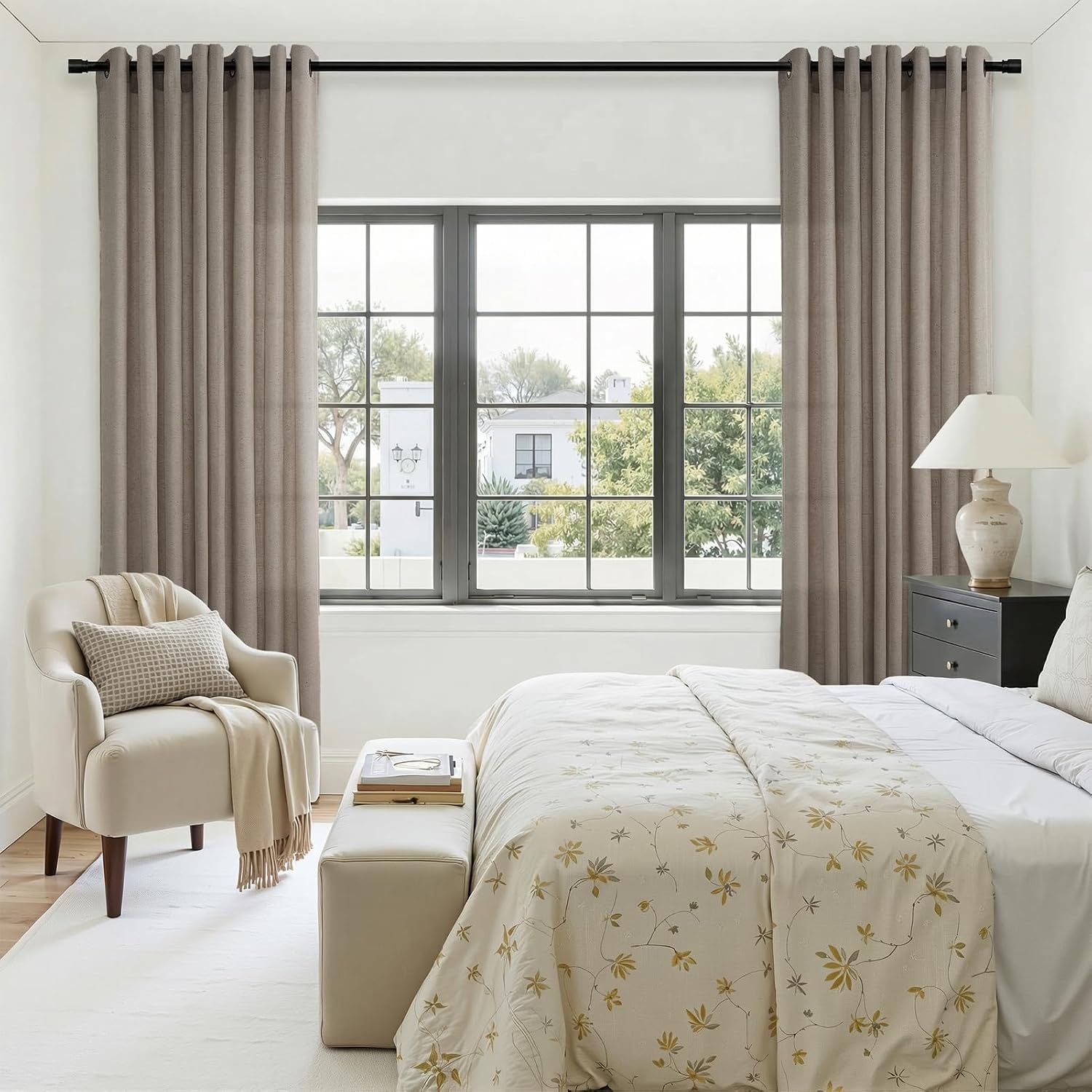 Detalle de Drapenova 96-Inch Linen-Blend Curtain Panels, Light-Filtering, Tan, Grommet Top