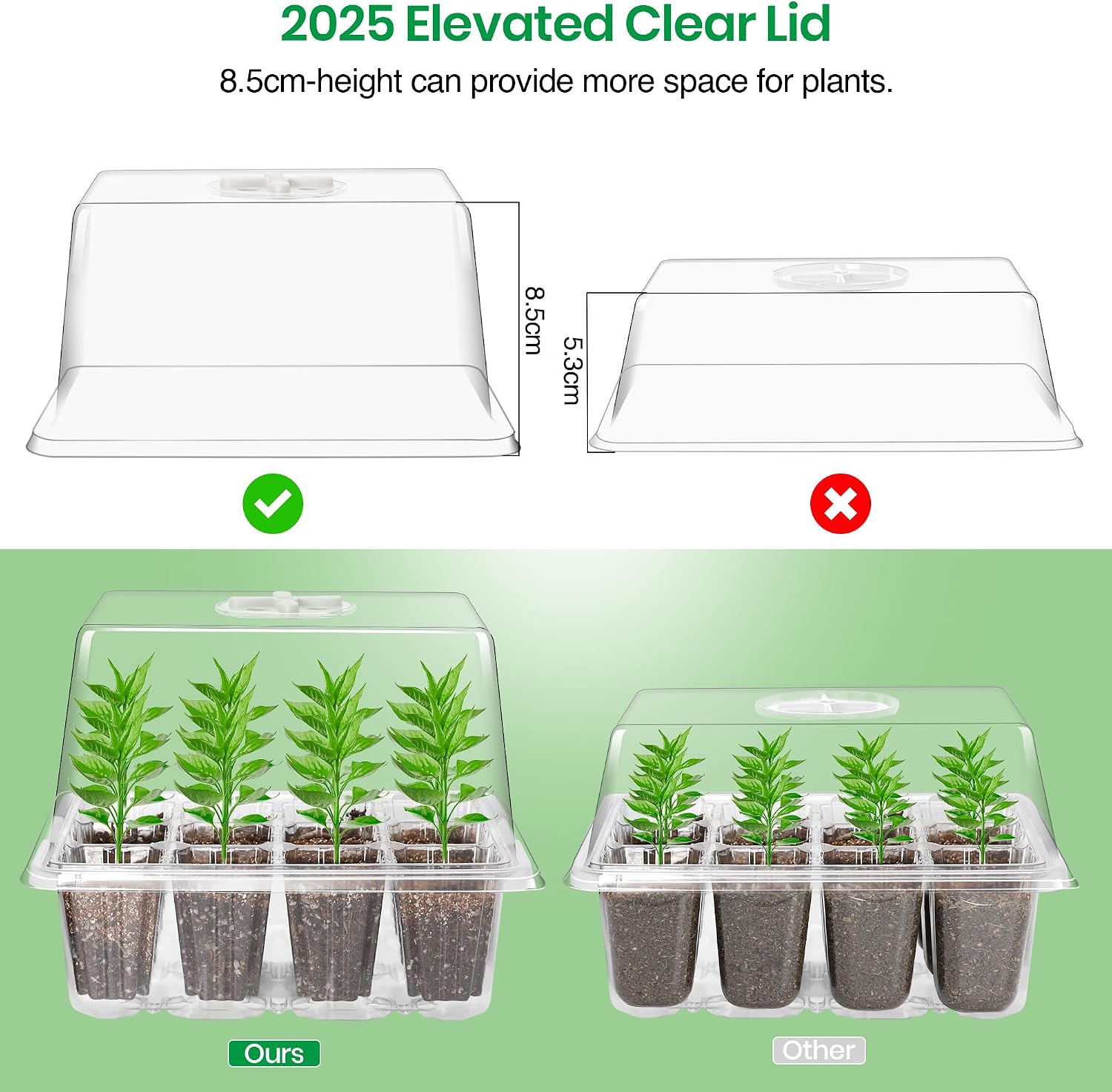 Detalle de Bonviee No1 Seed Starter Trays, 60 Cells, 12-LED Grow Lights, Clear 5-Pack