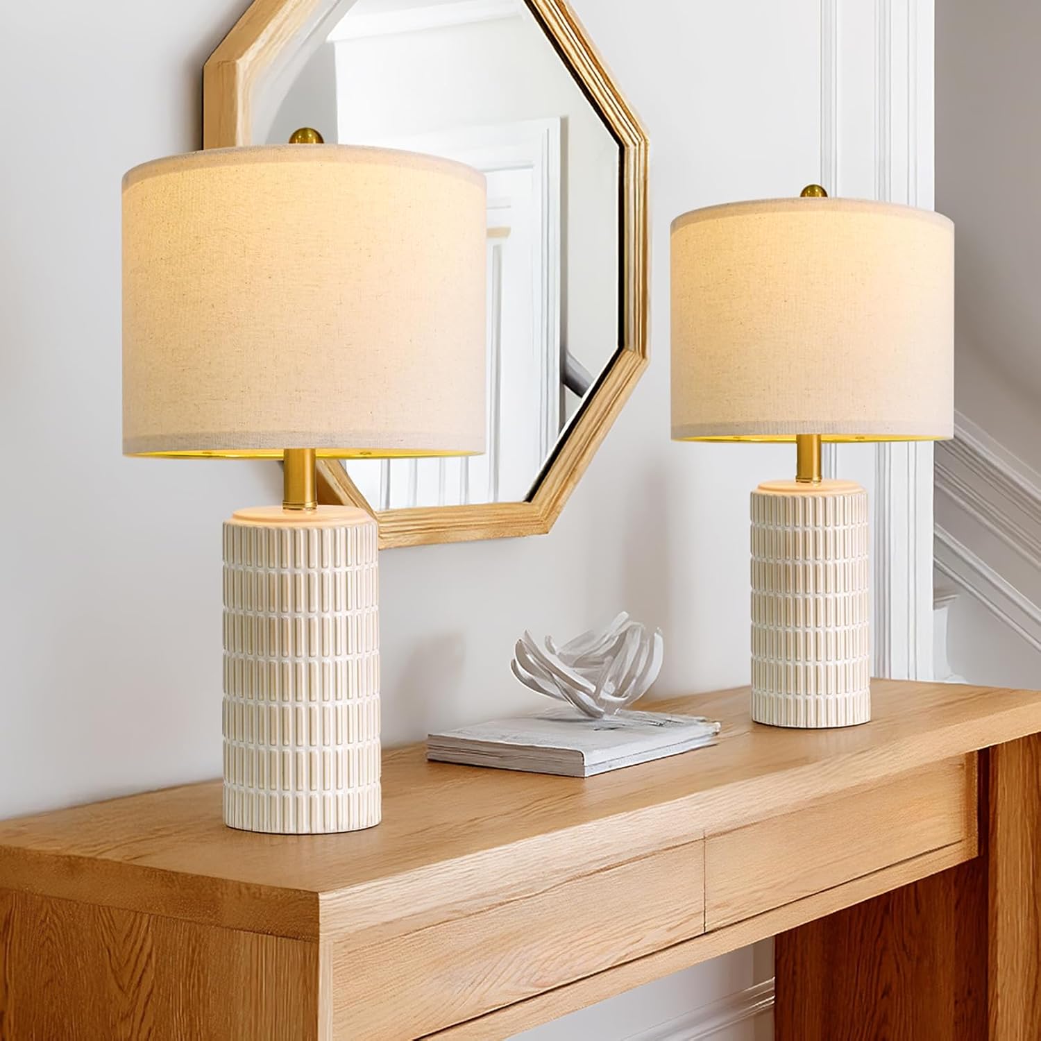 PoKat 20.75" Small Ceramic Table Lamps (Set of 2) for Bedroom, White Bedside Nightstand Lamps