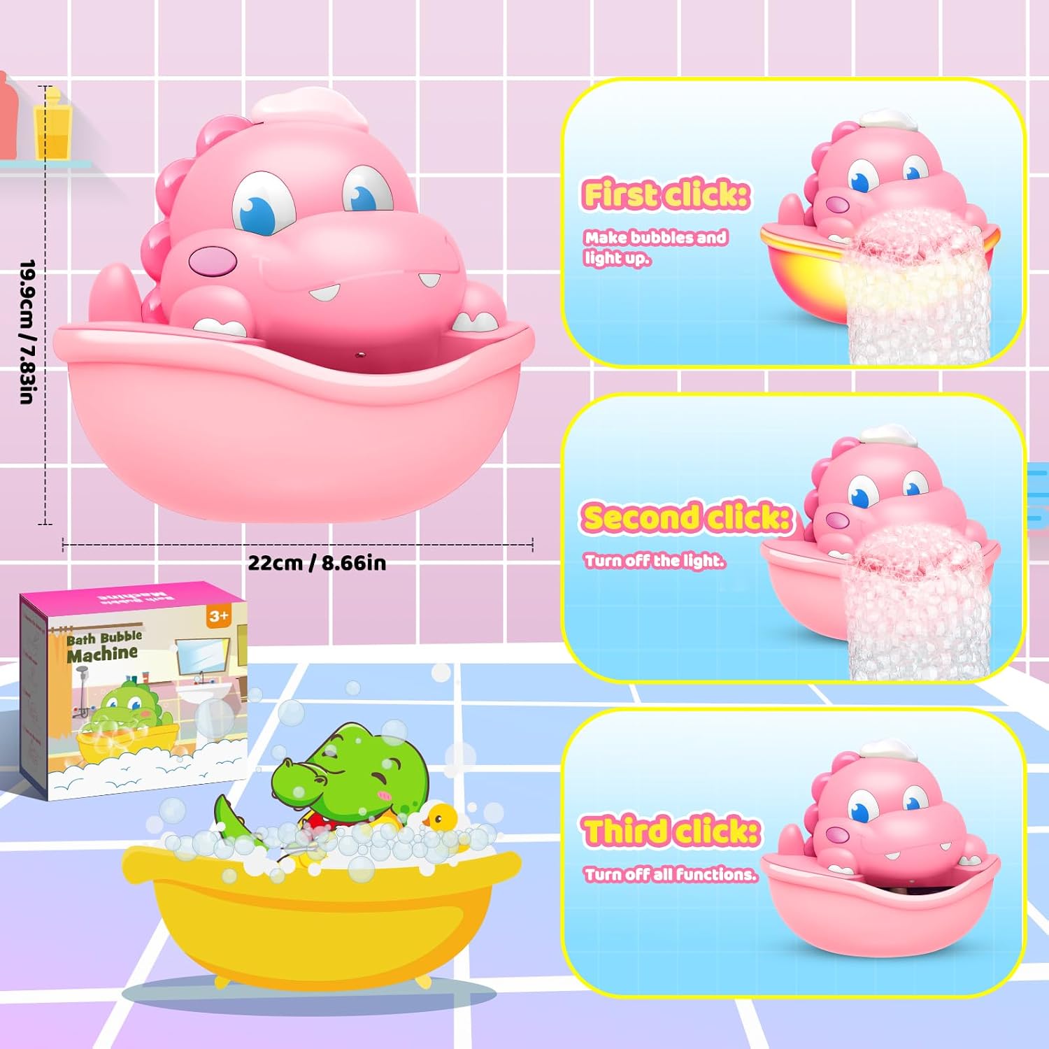 Detalle de Adeokay Dinosauro: Macchina per bolle per vasca con luci LED rosa, 250 ml, giocattolo sicuro per bambini 1–4 anni