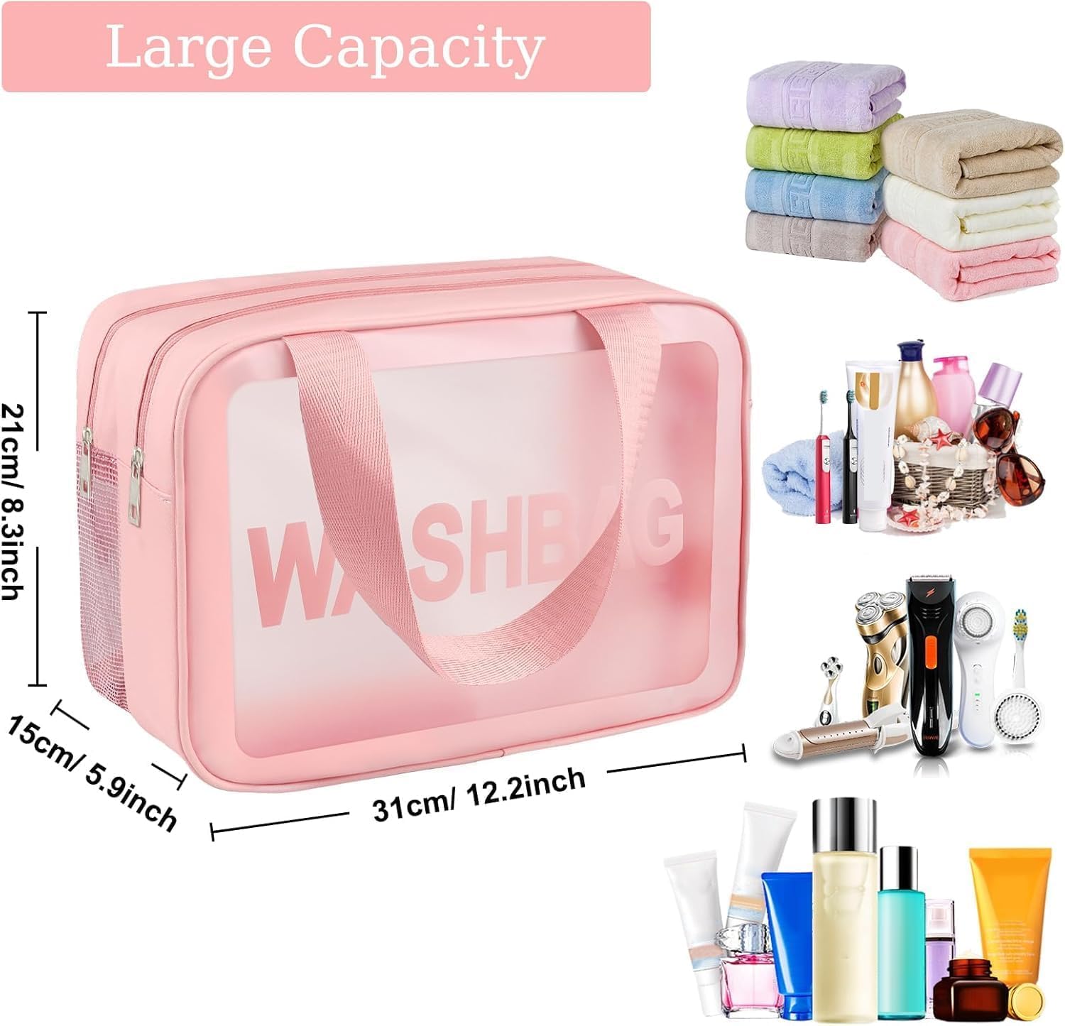 Thumbnail 2 de Clear Toiletry Bag Wet & Dry Separation PVC Makeup Cosmetic Bag (Large Capacity) – Pink