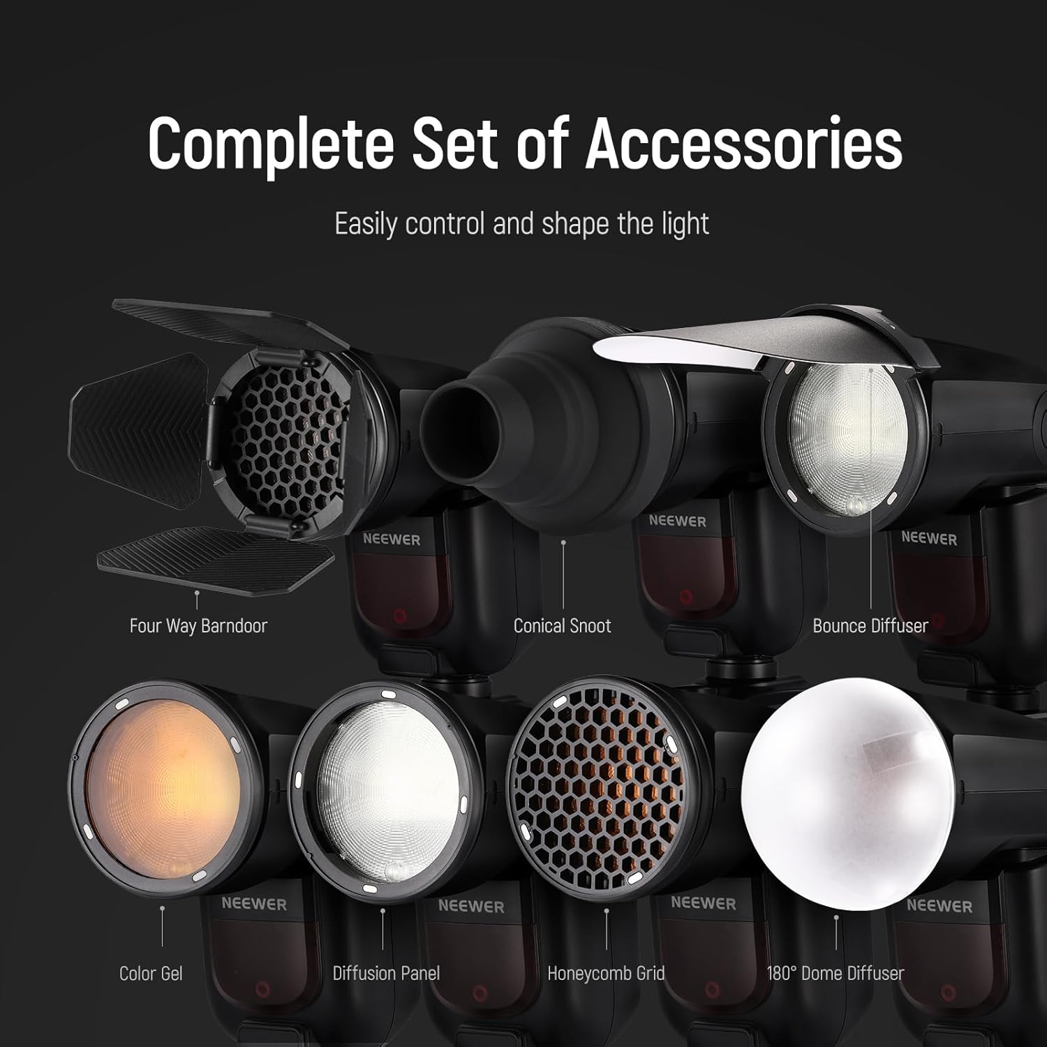 Detalle 2 de NEEWER CRM2 Magnetic Accessories Kit for Round Head Flash (compatible with Godox V1 and NEEWER round-head Z series) – 14-piece control set