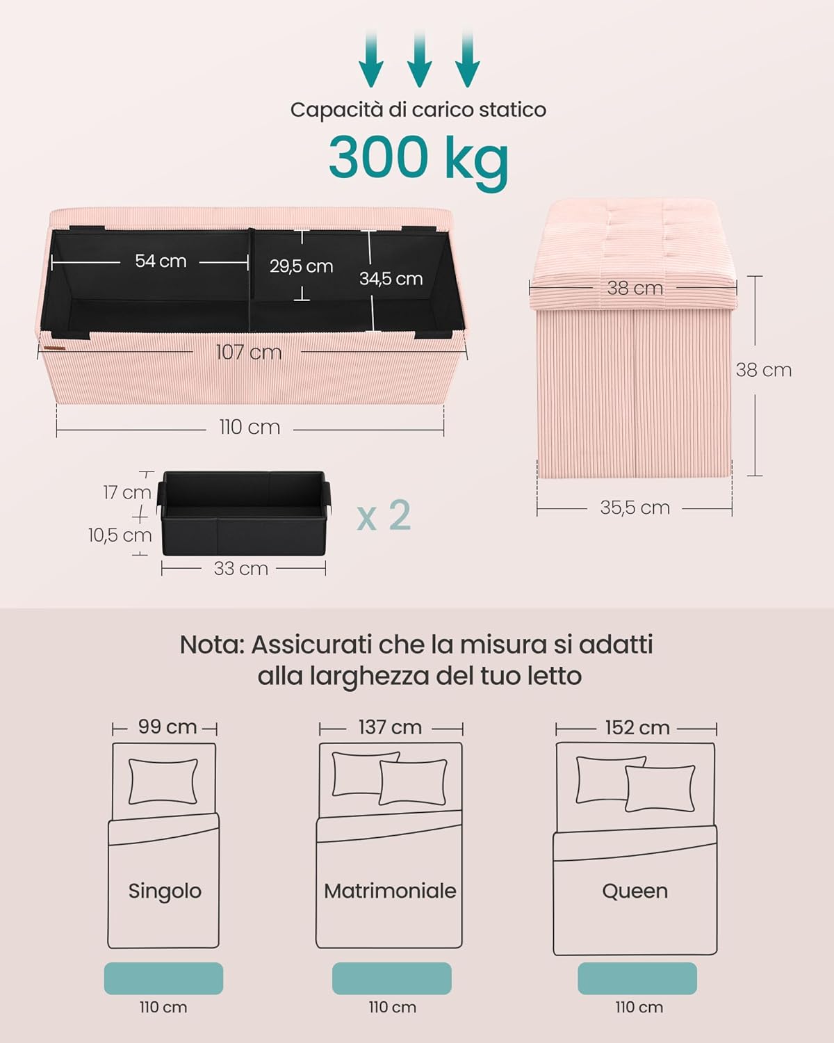 Thumbnail 2 de SONGMICS LSF604R01 panca contenitore pouf pieghevole rosa pastello 38 x 110 x 38 cm