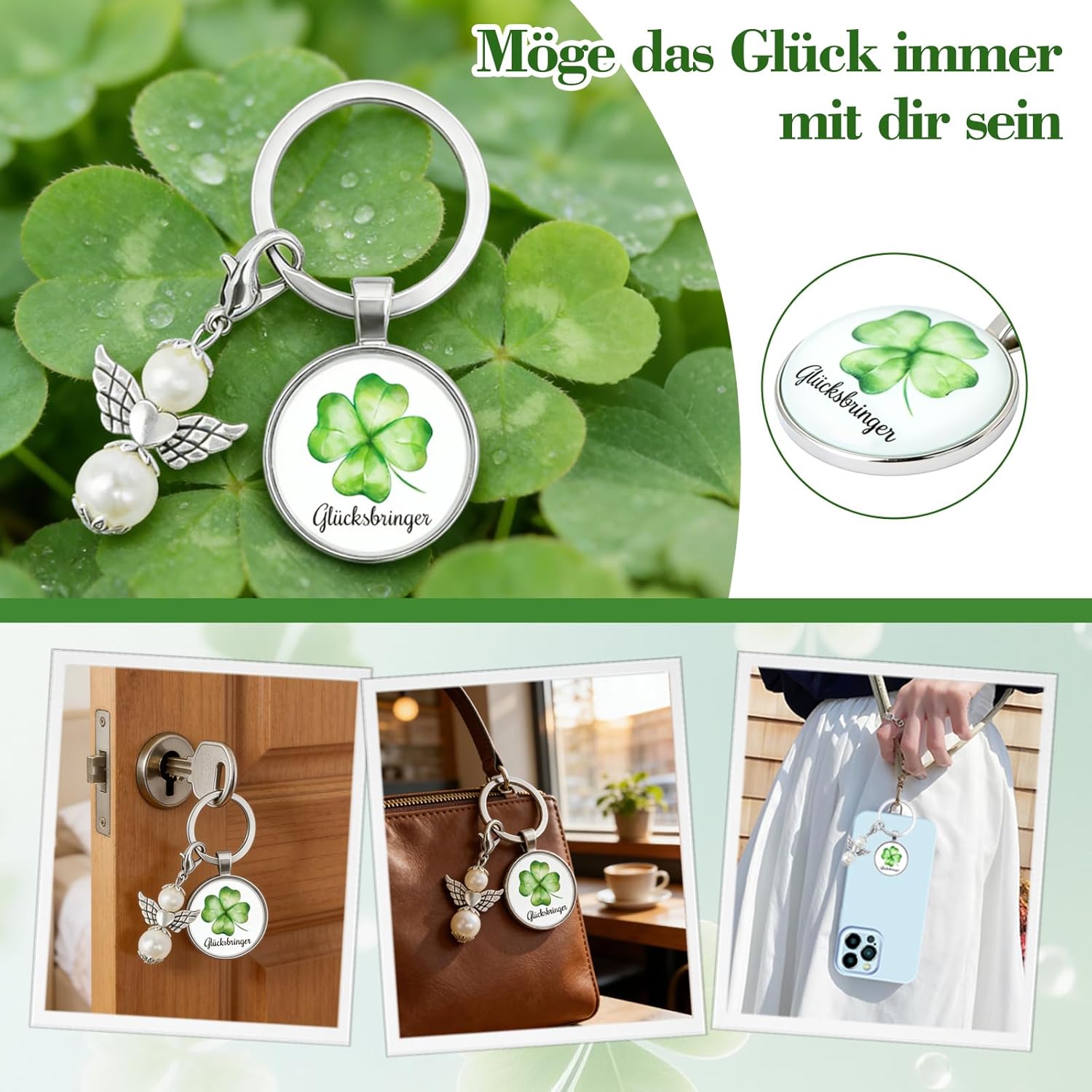 Detalle de Epaing 15er Glücksbringer Schlüsselanhänger Set – Vierblättriges Kleeblatt & Schutzengel als DIY-Geschenk