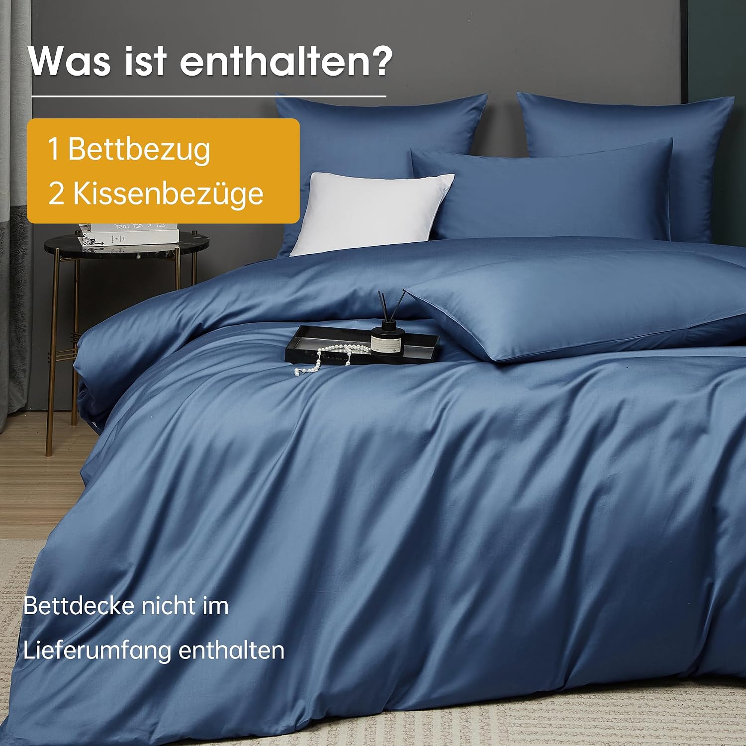 Thumbnail 1 de Luofanfei Mako Satin Baumwolle Bettwäsche-Set 155x220 Blau kühlend, glatt (1 Bettbezug + 2 Kissenbezüge 80x80)