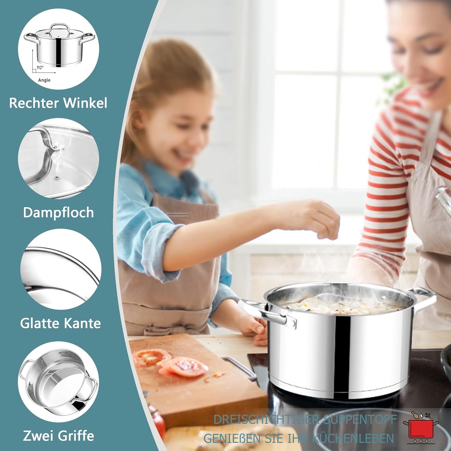 Detalle de HaWare Kochtopf 24 cm aus Edelstahl – induktionsgeeignet, 5,7 L, Glasdeckel