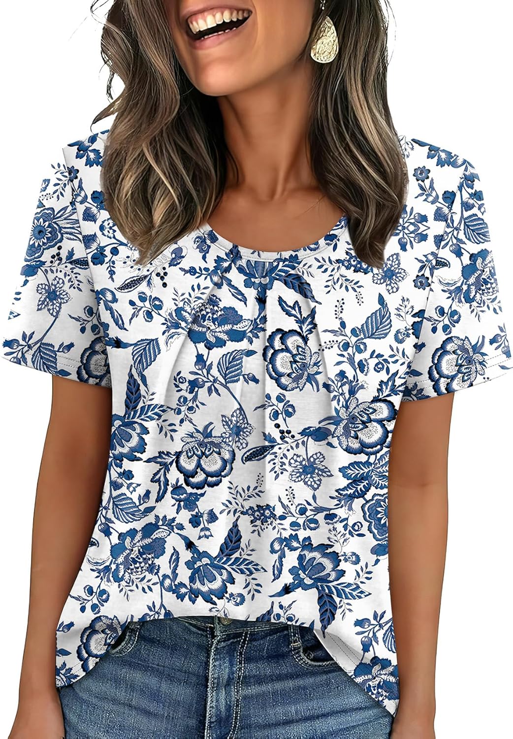 Detalle de WIHOLL Women’s Pleated Short Sleeve T-Shirt Top (Scoop Neck, Loose Fit)