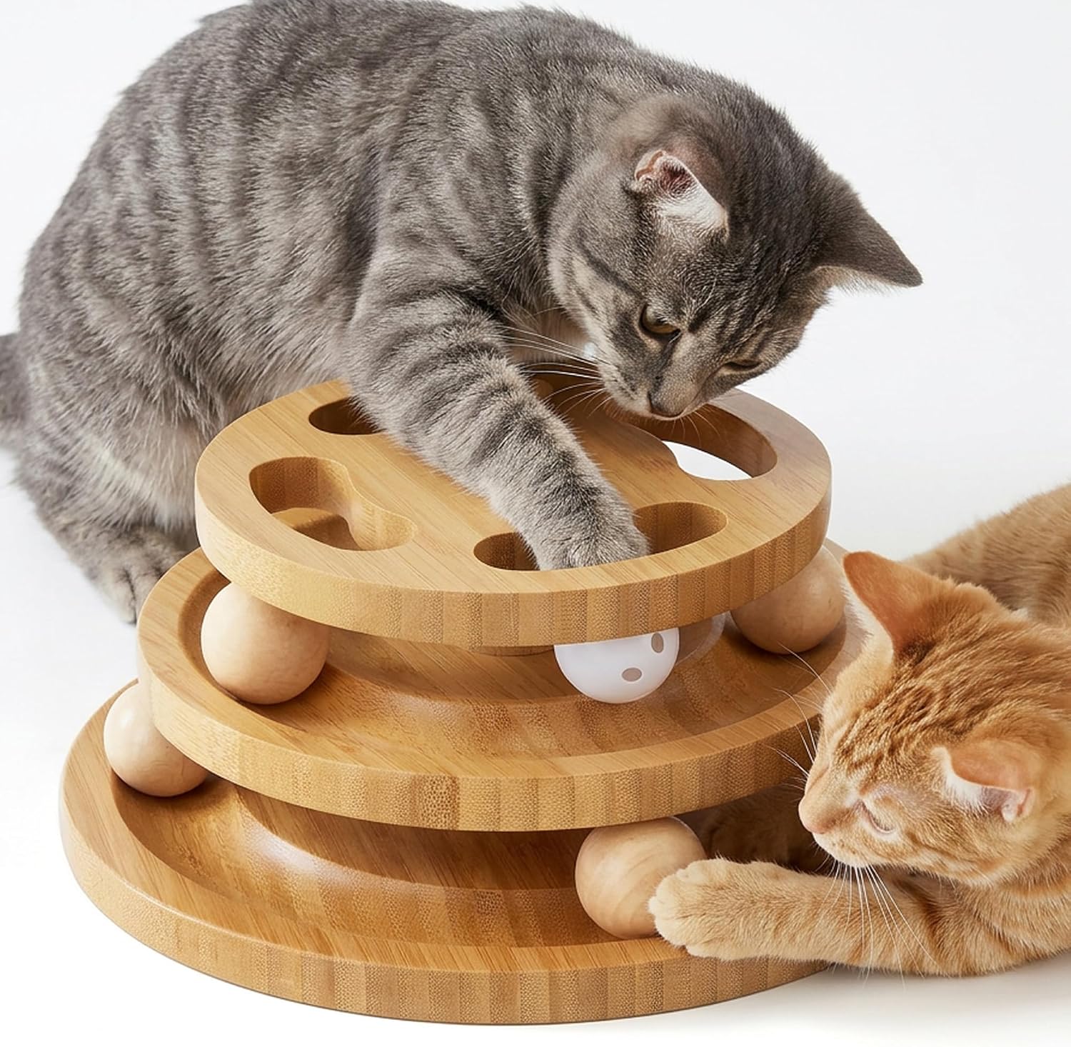 Detalle de ZOMISIA EUC100133L Cat Ball Track Toy with Puzzle Top, Bamboo, Three Tracks