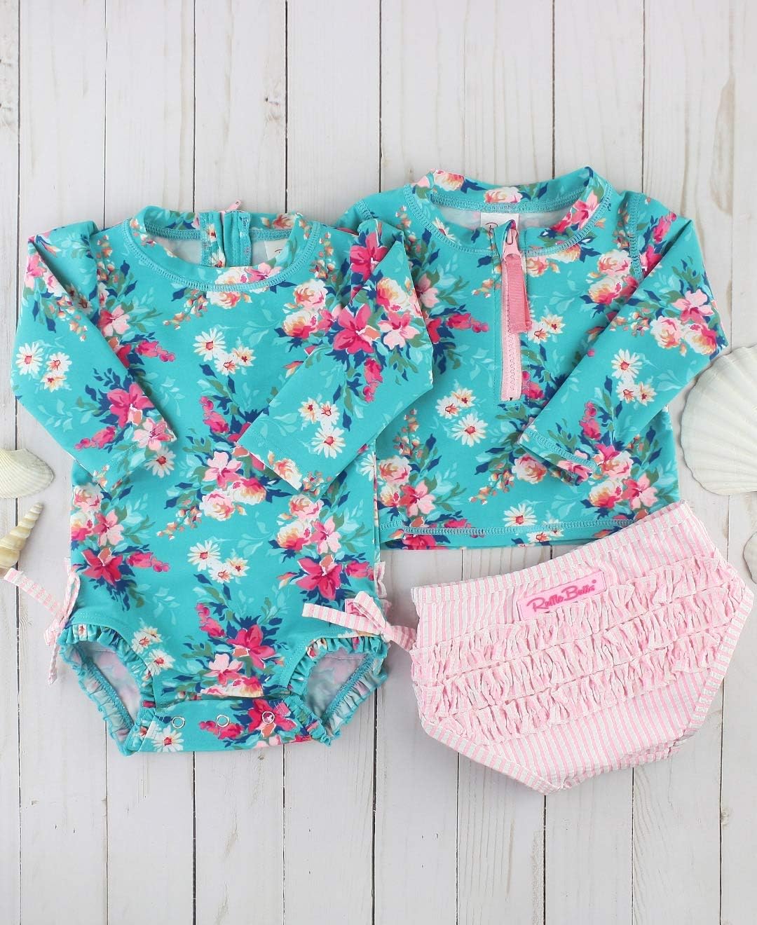 Thumbnail 2 de RuffleButts Baby/Toddler Girls Long Sleeve Rash Guard 2-Piece Swimsuit Set with UPF 50+ Sun Protection and Zipper