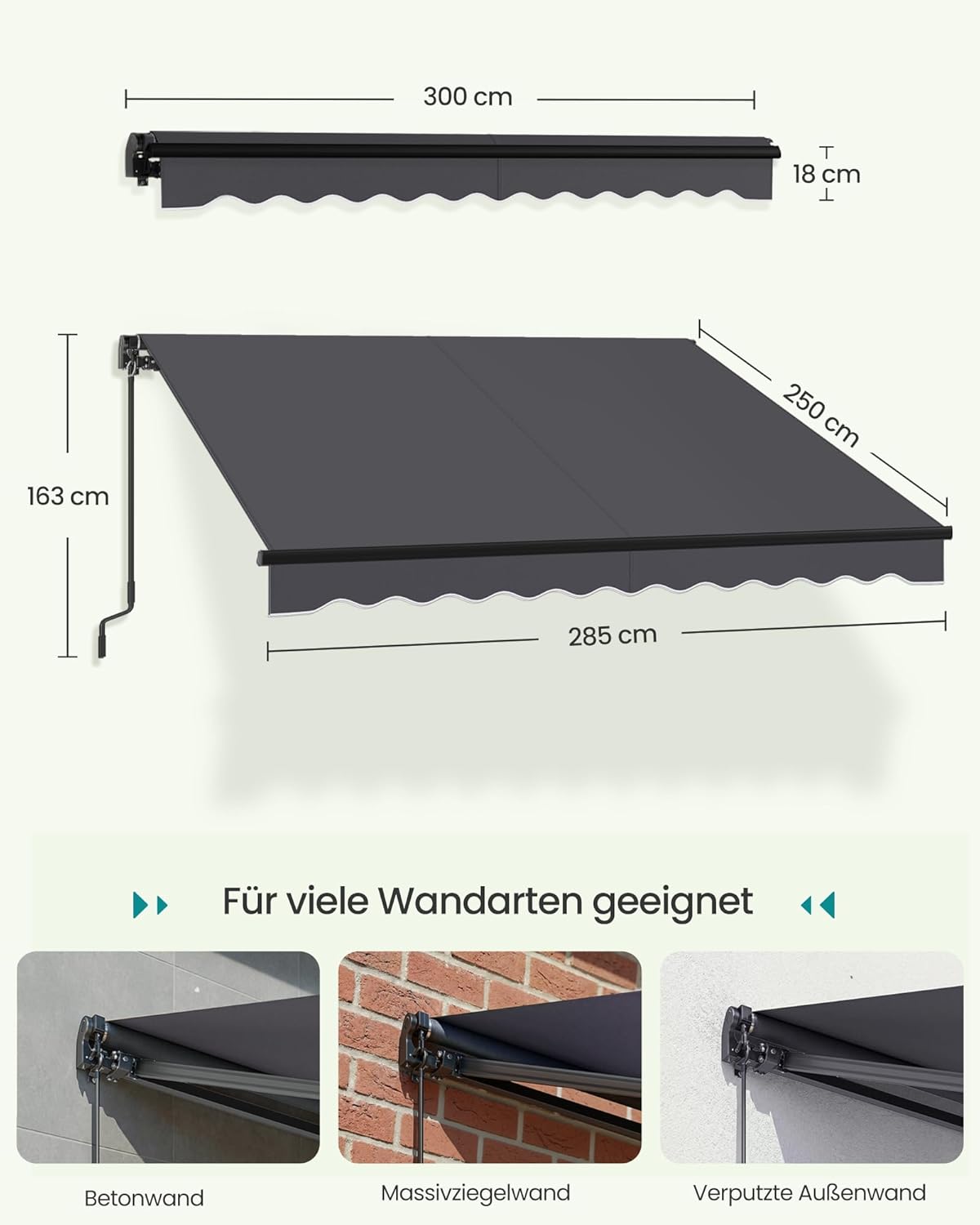 Thumbnail 4 de SONGMICS Gelenkarmmarkise GSA306GZ01 (300 x 250 cm) mit Handkurbel – UPF 50+ Sonnenschutz fürs Balkon-Setup