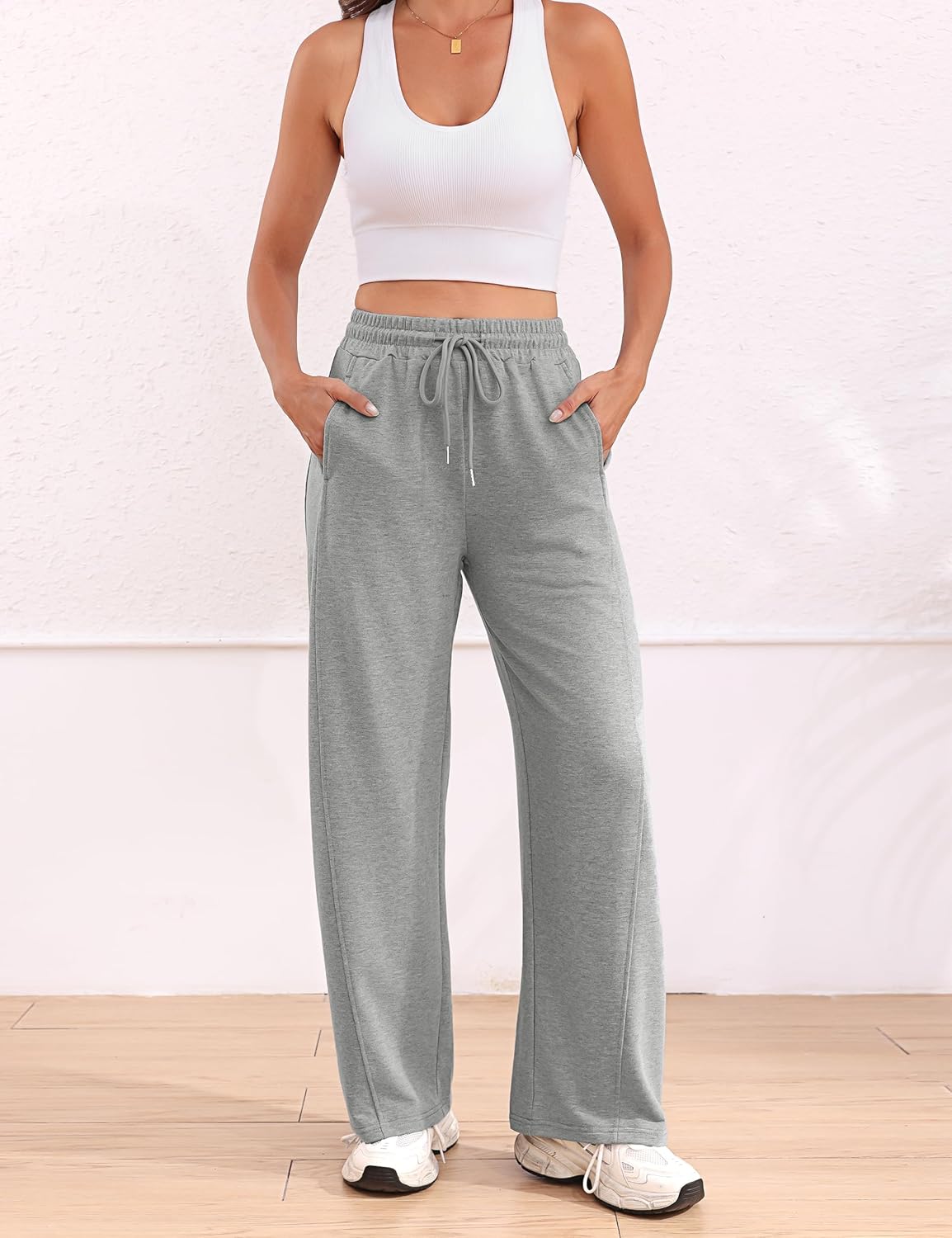Detalle de Aseniza Jogginghose Damen – Lang geschnittene Freizeithose mit Taschen, Kordelzug und elastischem Bund