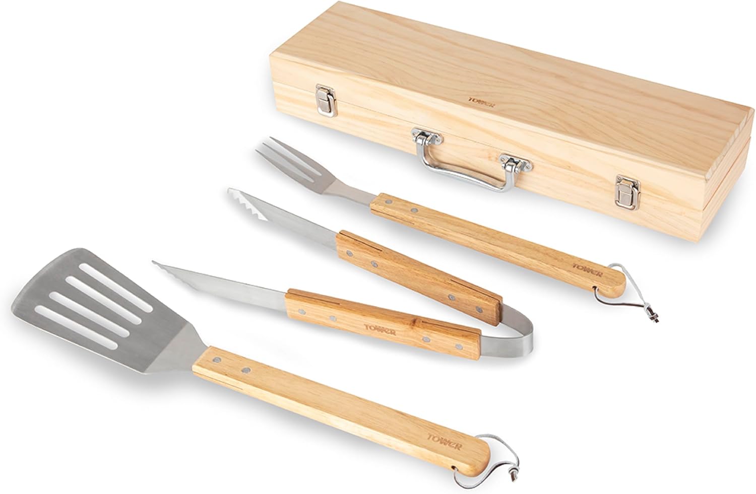 Detalle de Tower BBQ 4 Piece Tool Set with Wooden Handles and Carry Case (T932005)