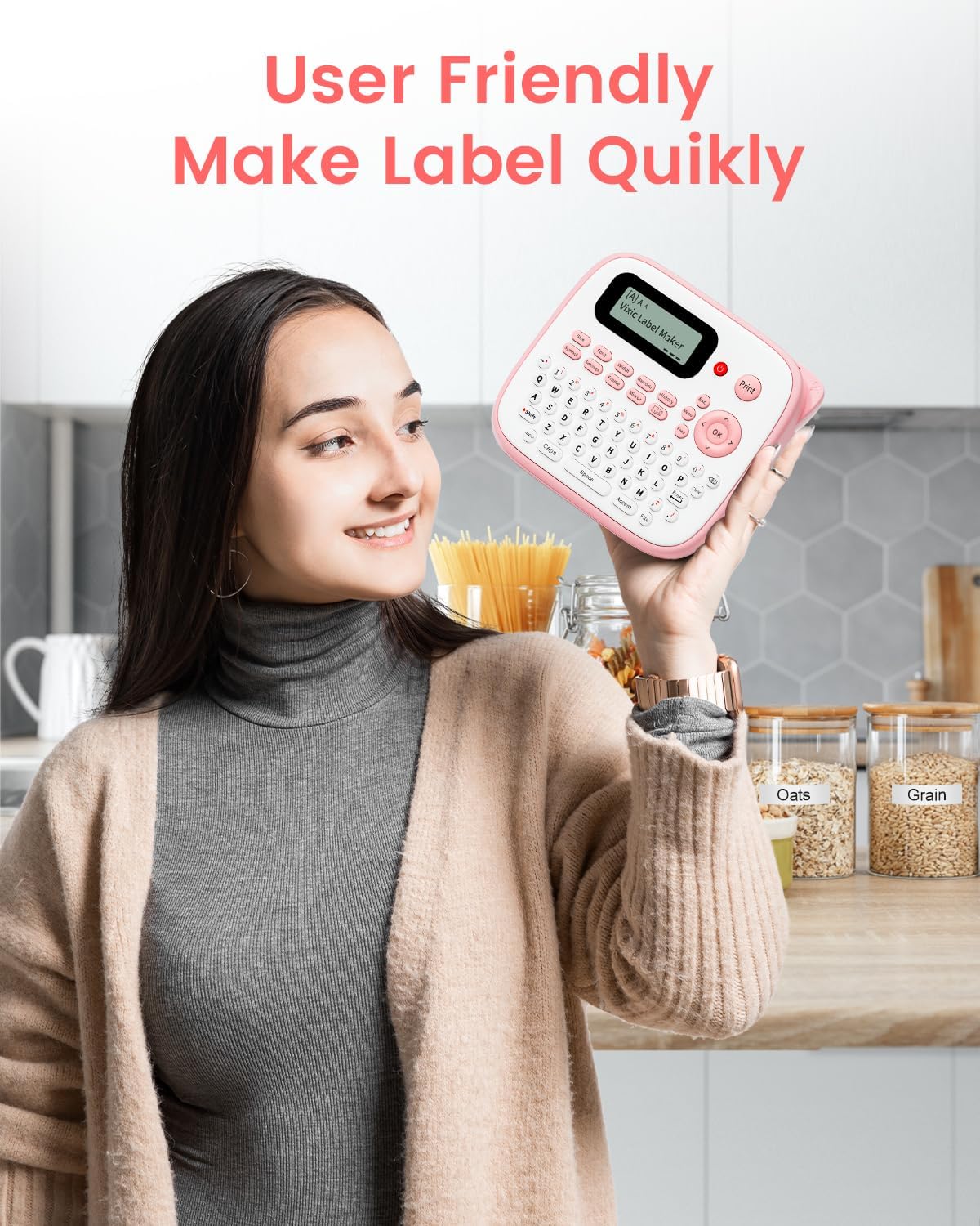 Detalle de Vixic D210S Pink Label Maker with Waterproof Laminated Tape and USB-C